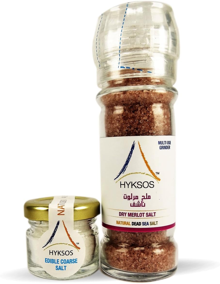 Hyksos Premium Set Flavored Dead Sea Salt – Dry Merlot Salt Grinder & Edible Coarse Salt Jar