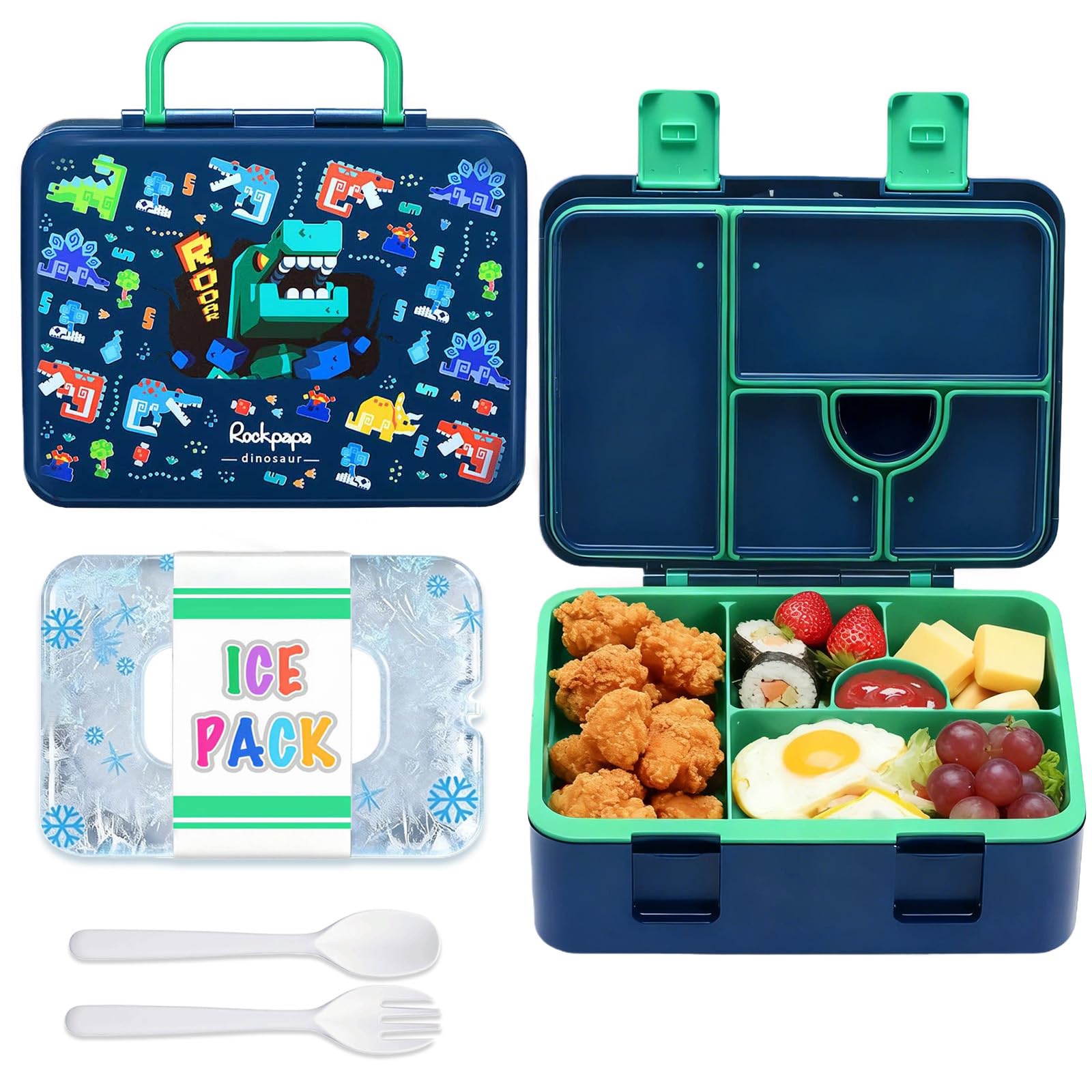rockpapa Chill Bento Box for Kids with Ice Pack, 5-Compartments, Dinosaur — image 1