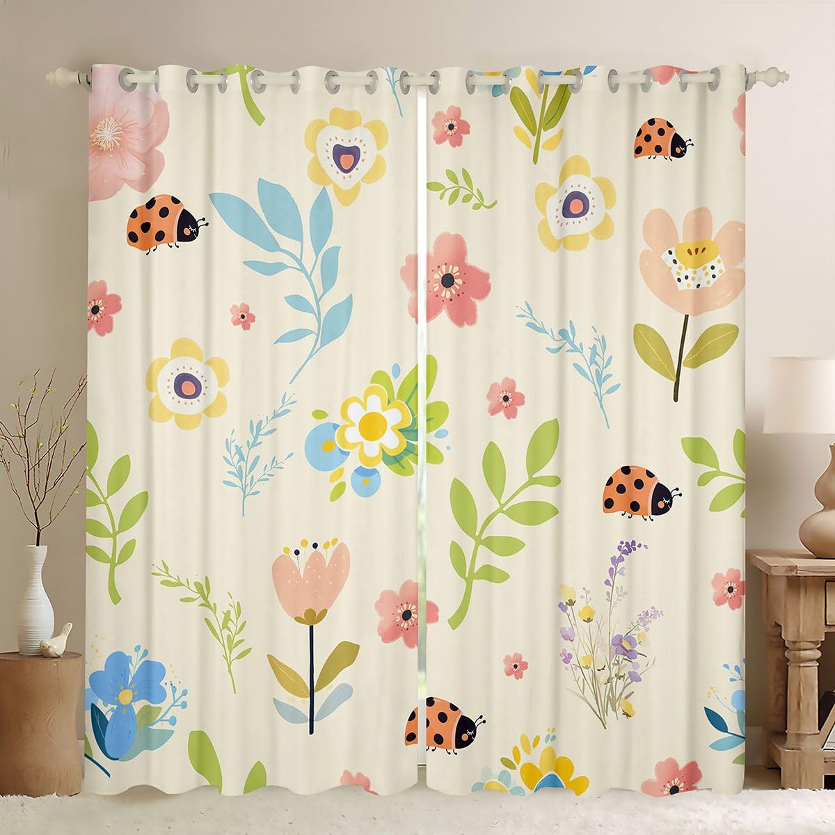 Voilage fenetre jaune mignon 140x175 cm à pois et fleurs