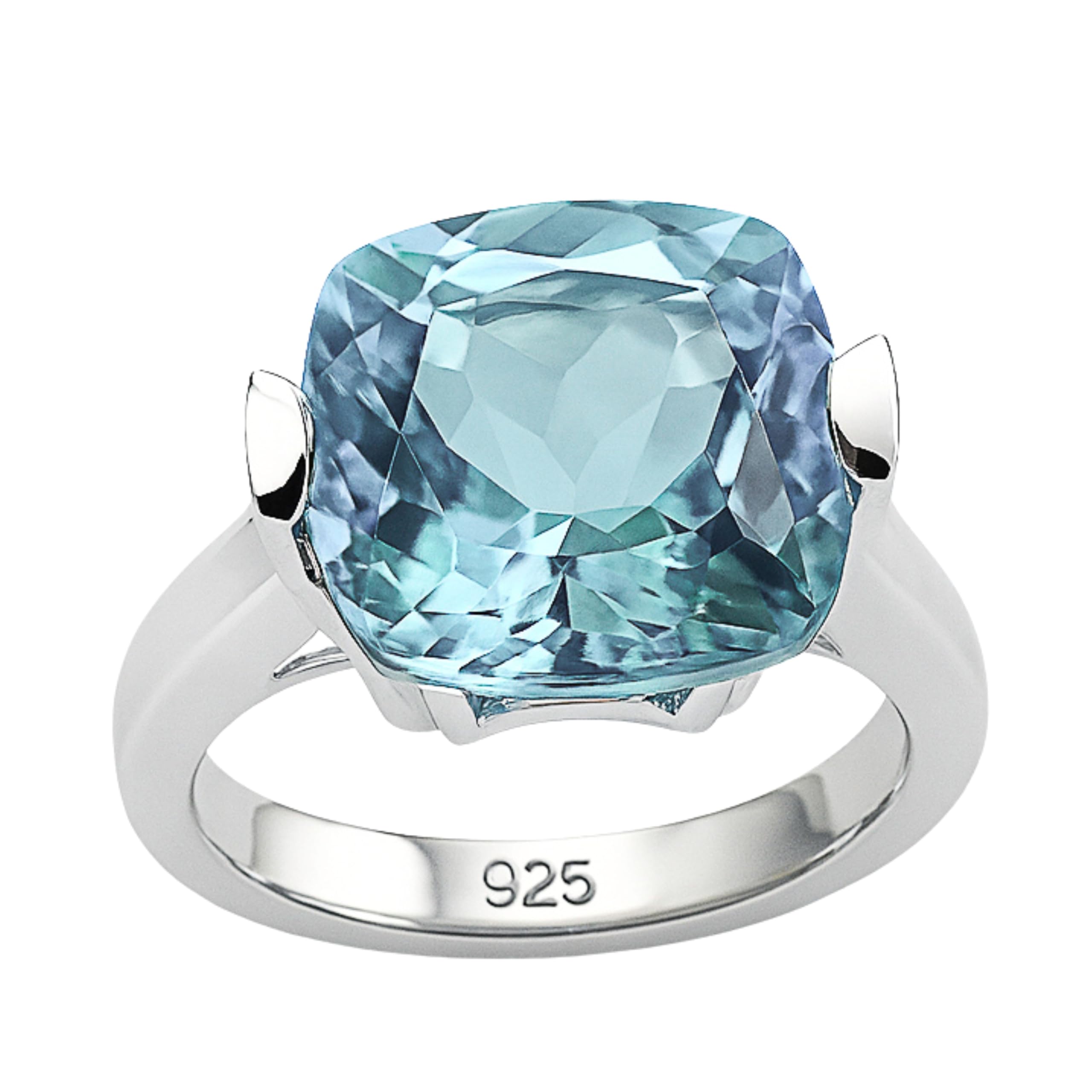Anillo de cóctel de plata de ley con piedras preciosas de topacio azul de talla cojín de 12 mm