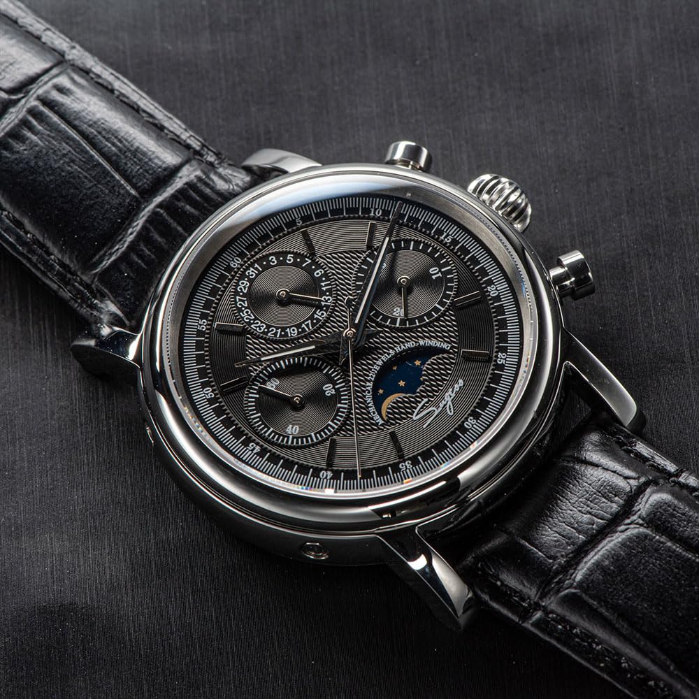Seestern Sugess ST1908 Mechaniczny chronograf ze stali nierdzewnej czarny szafir data zegarek męski, Czarny, pasek