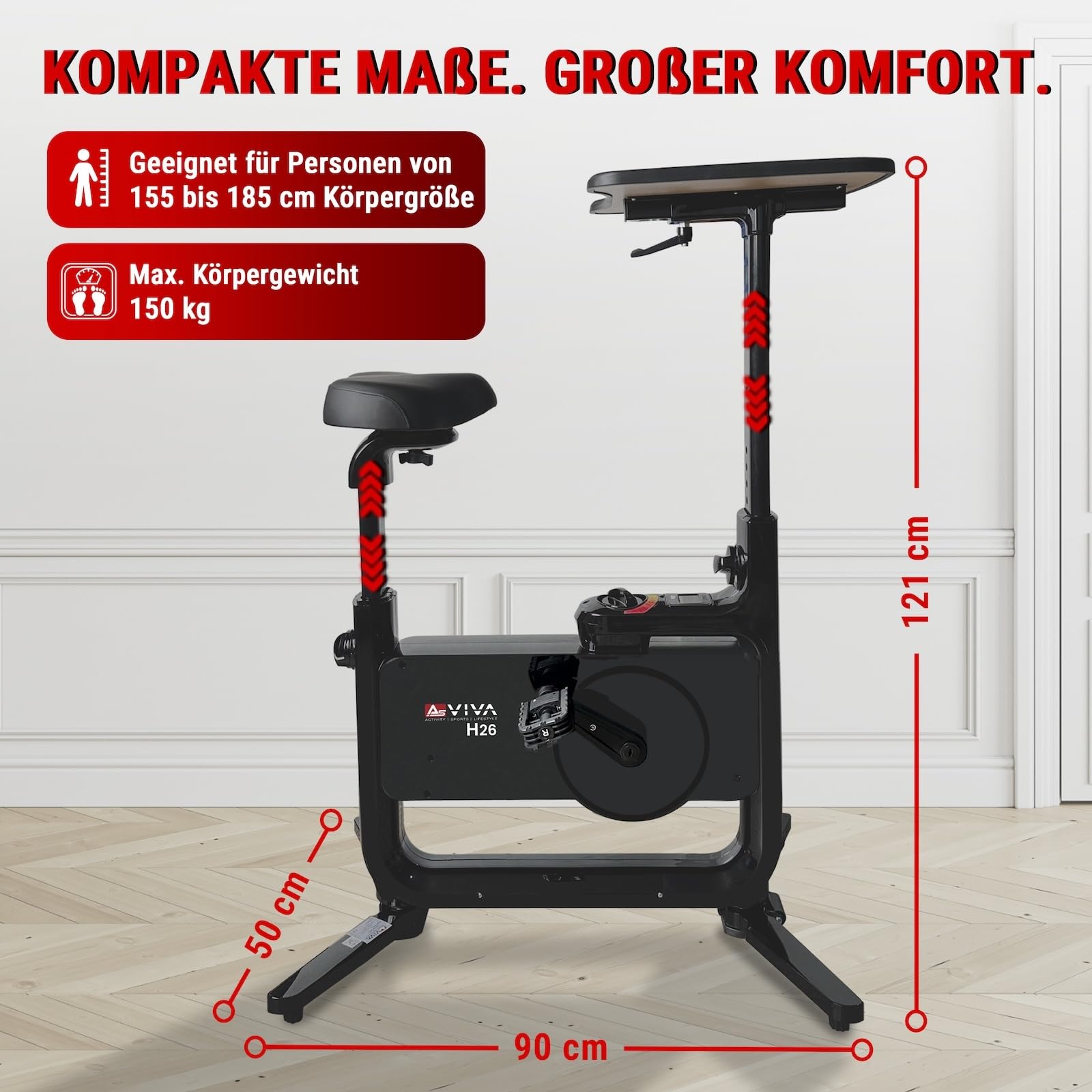 AsVIVA H26 Desk-Bike rower treningowy – rower biurkowy z regulowanym blatem, rower fitness do biura i domu, cichy hamulec magnetyczny, 8 poziomów oporu, komfortowe siodełko 360°, kółka transportowe