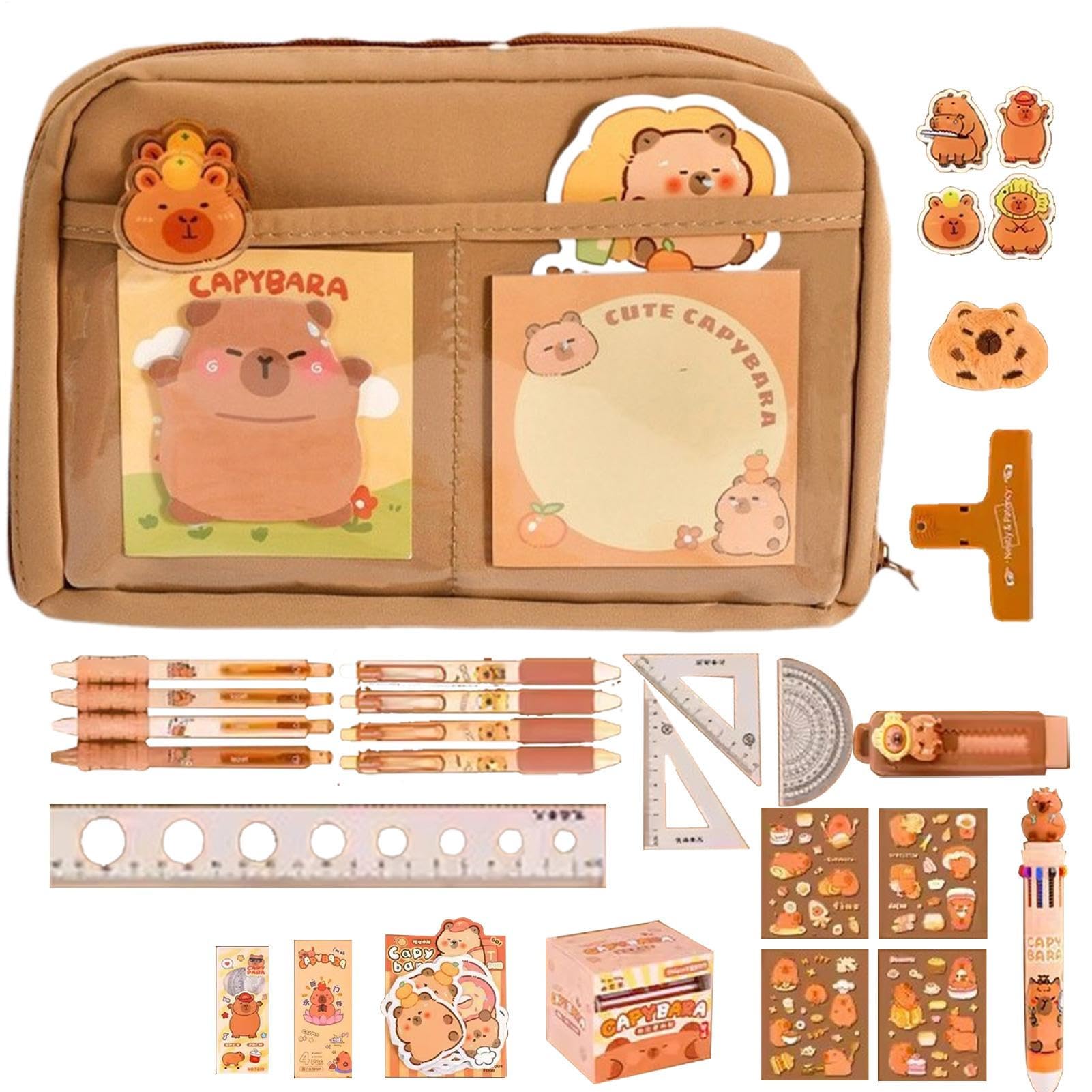 Kawaii Capybara Federmäppchen 2-in-1 Set Aus Silikon - Komplett Mit Stiften & Aufklebern