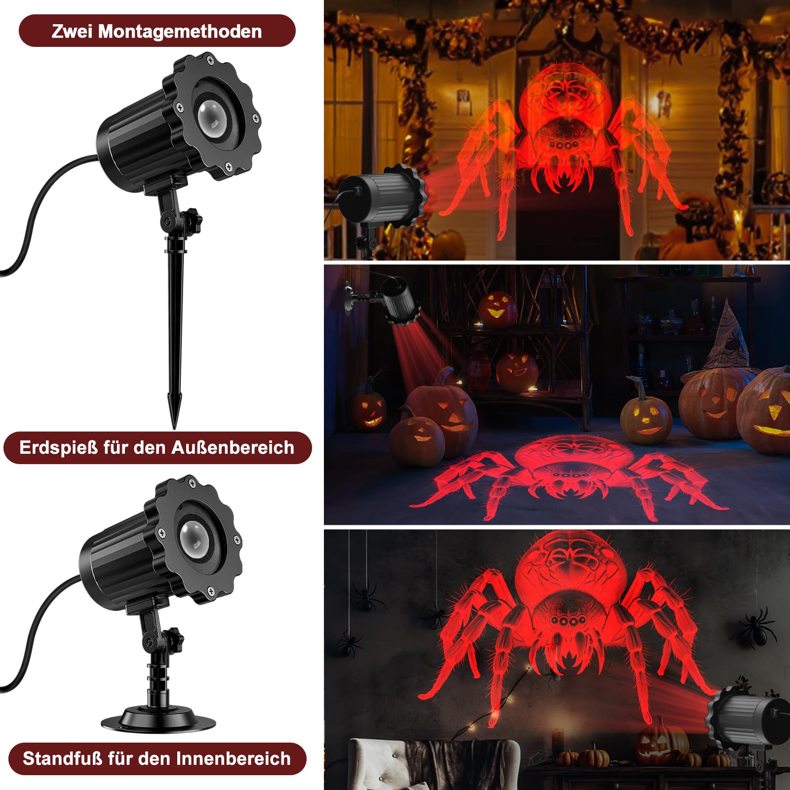 Halloween Deko Outdoor Innen,3D Dynamische Halloween Projektor, Wasserdicht LED Projektionslampe mit Roter Spinne für Wand Friedhof Fenster Garten Hof Party Deko Projector Light