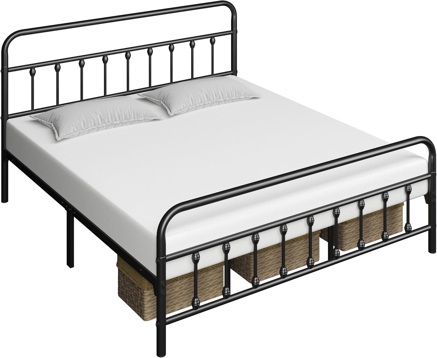A fully made bed with the Yaheetech Classic Metal Platform Bed Frame, showing ampOpbevaringsplads under sengen med kurve.