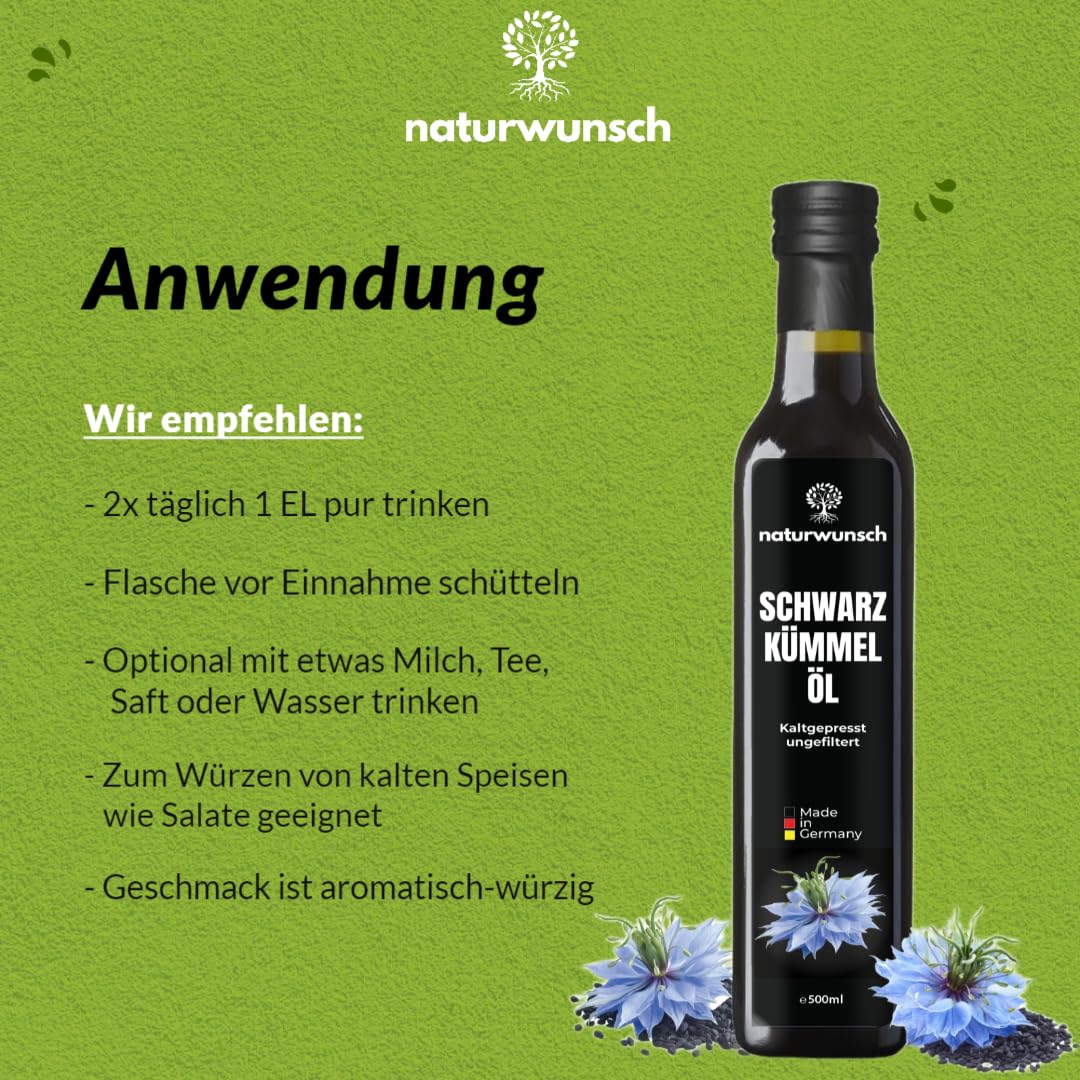 naturwunsch Nigella Sativa - Aceite de comino negro (500 ml, sin filtrar, prensado en frío, fabricado en Alemania)