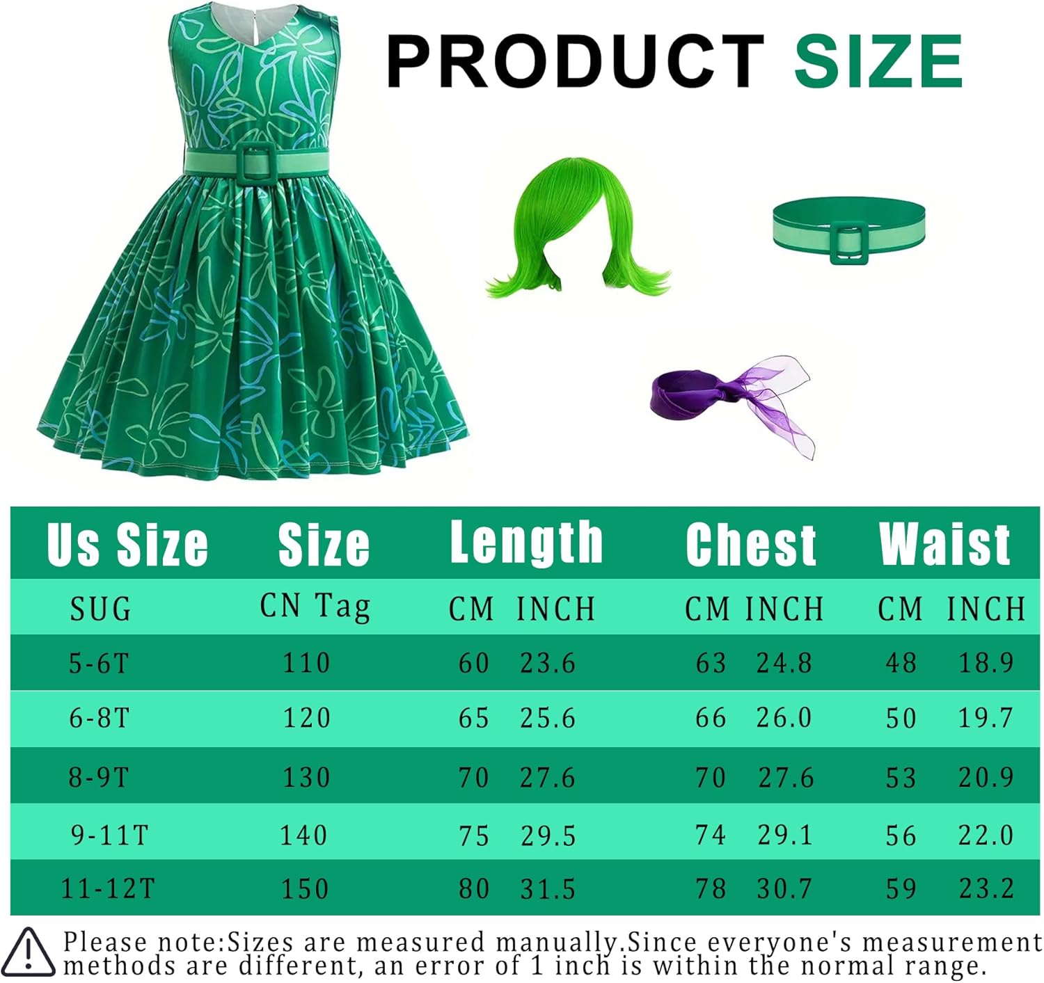 WYB Girls Green Disgust Costume Joy Cosplay Dress Party Cosplay Dress up Birthday Christmas Outfits with Wig - Image 6