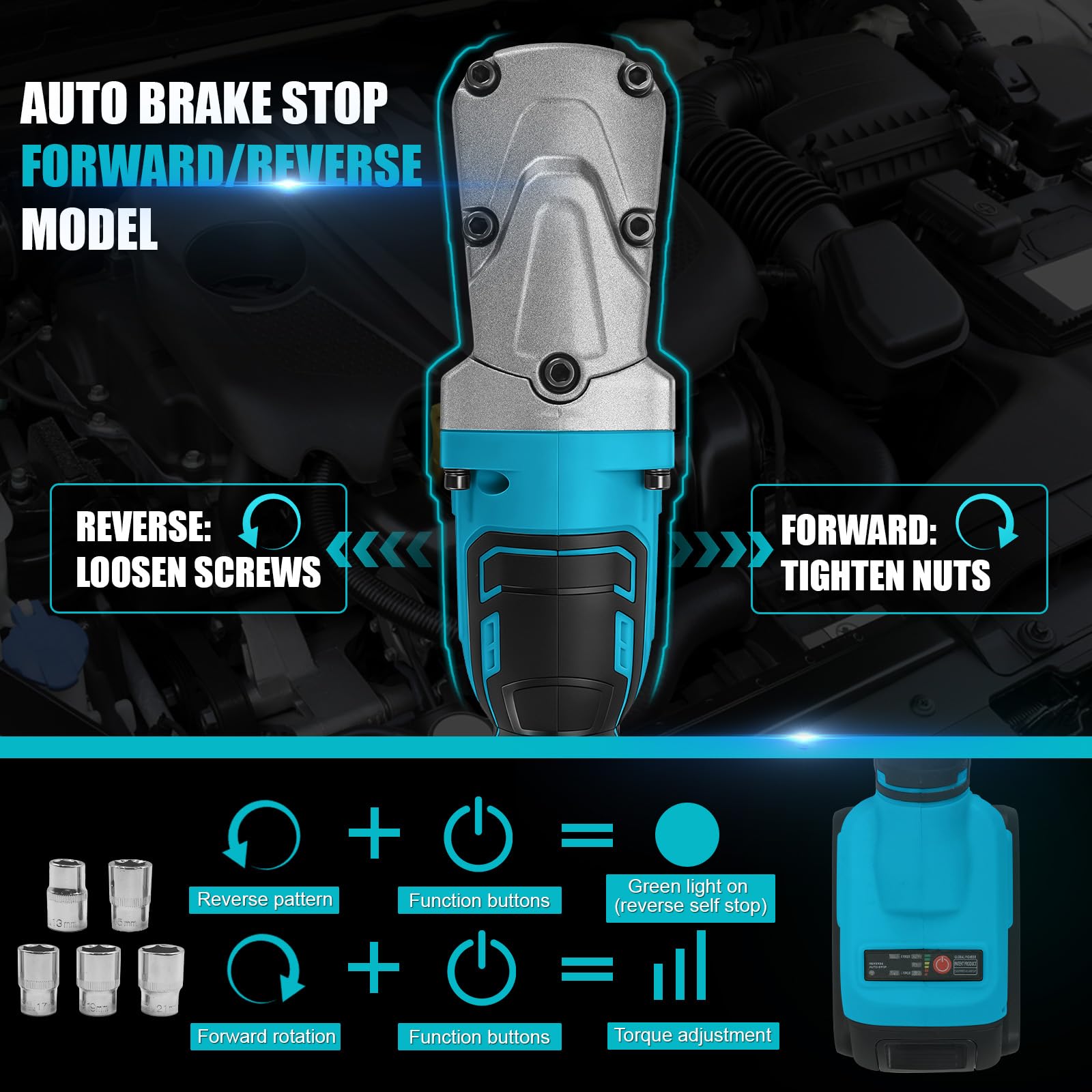 1/2" Akku Ratschenschlüssel für Makita 18V Akkus,280N.M Bürstenloser Motor,Variabler Drehzahl, 5 Steckschlüssel, Elektrischer Ratschenschlüssel für Möbel und Autos（ohne Akku）