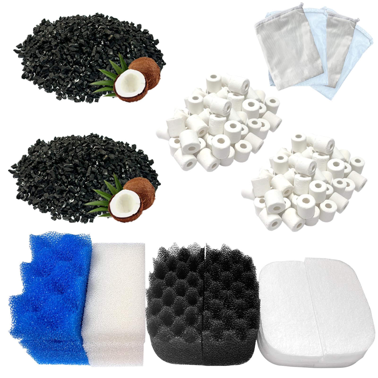 Kit di 24 supporti di ricambio per acquario, compatibili con filtri Fluval 106 e 107, tra cui Bio-Foam Max, carbone attivo, anelli in ceramica per filtrazione biologica e meccanica