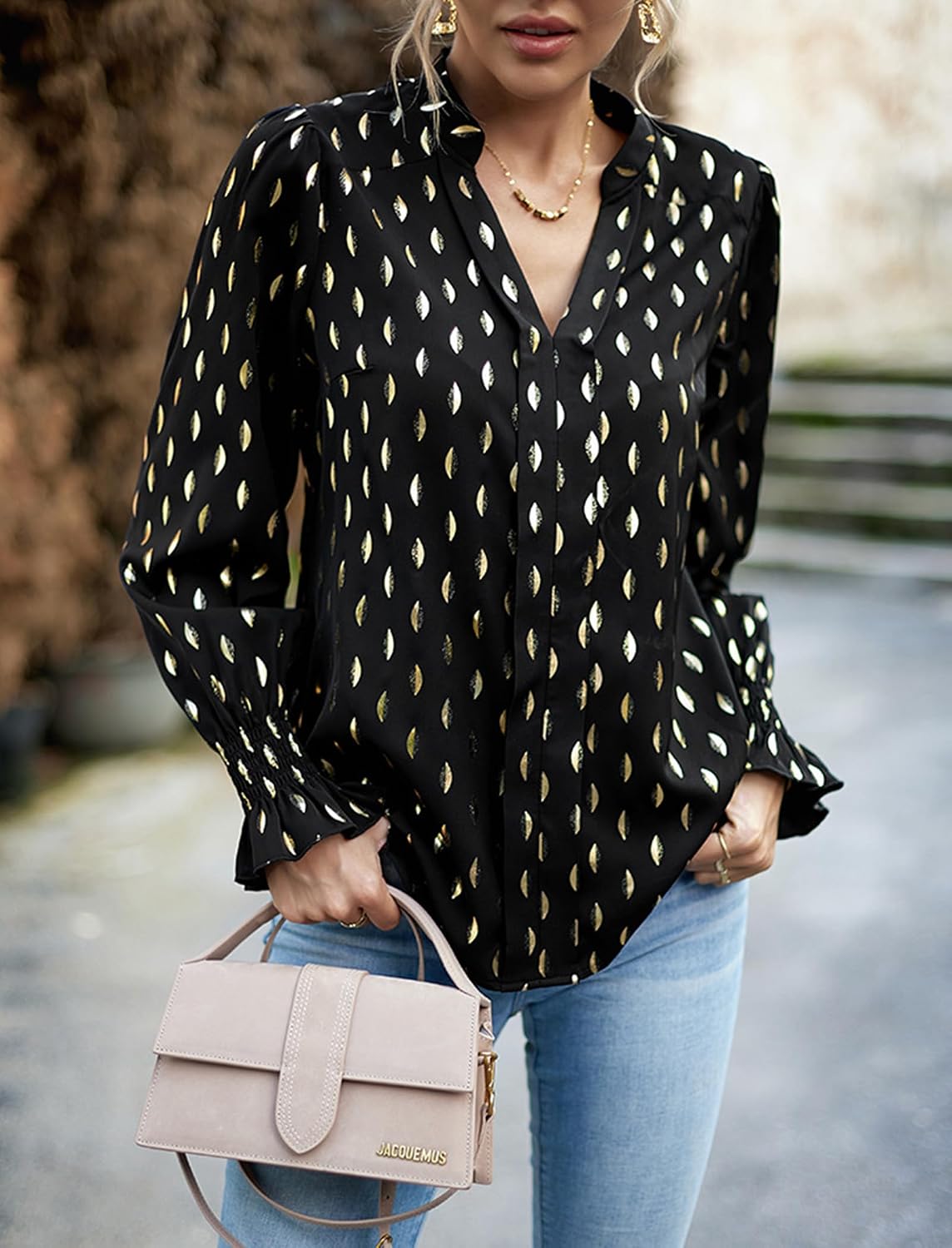 Women's Spring Fall Long Sleeve V Neck Printed Shirt Regular Fit Work Business Blouse Top