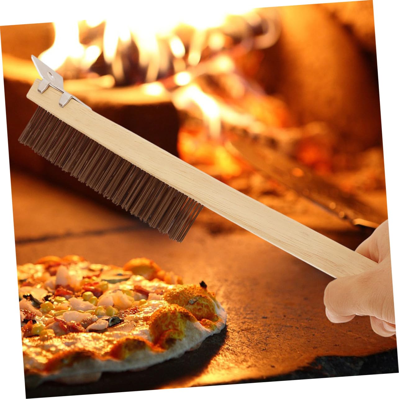 2 Piezas Cepillo para Horno de Pizza con Mango de Madera Raspador Multifuncional para Limpieza Segura de Piedra de Pizza y Parrillas de Beige