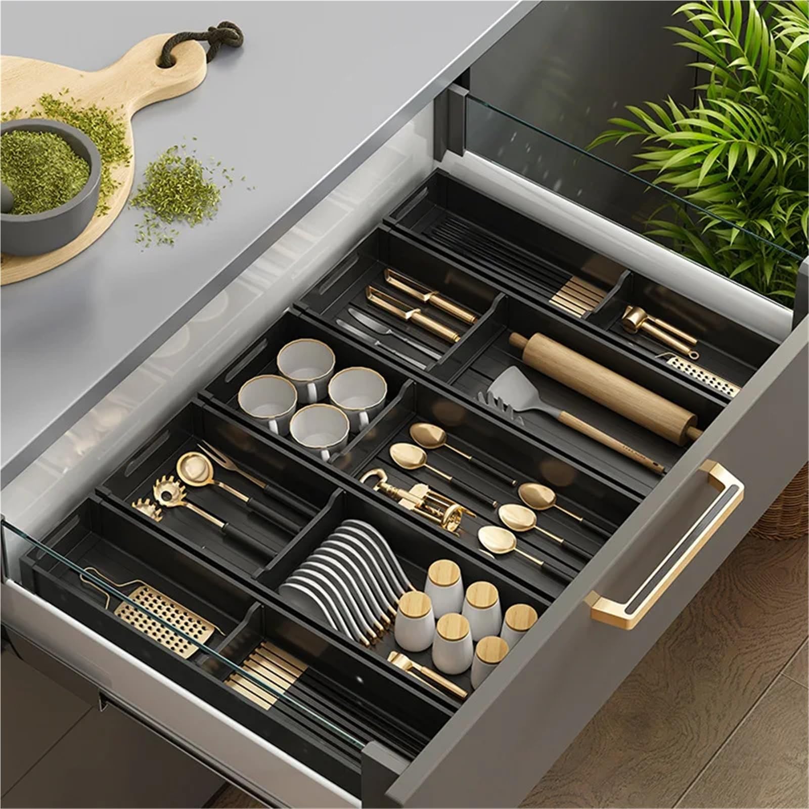 Cubertero Cajon Separador de platos, soporte ajustable for cubiertos, cucharas, tenedores y cuchillos, cajón grande for, organizador utensilios(46x10cm Black)