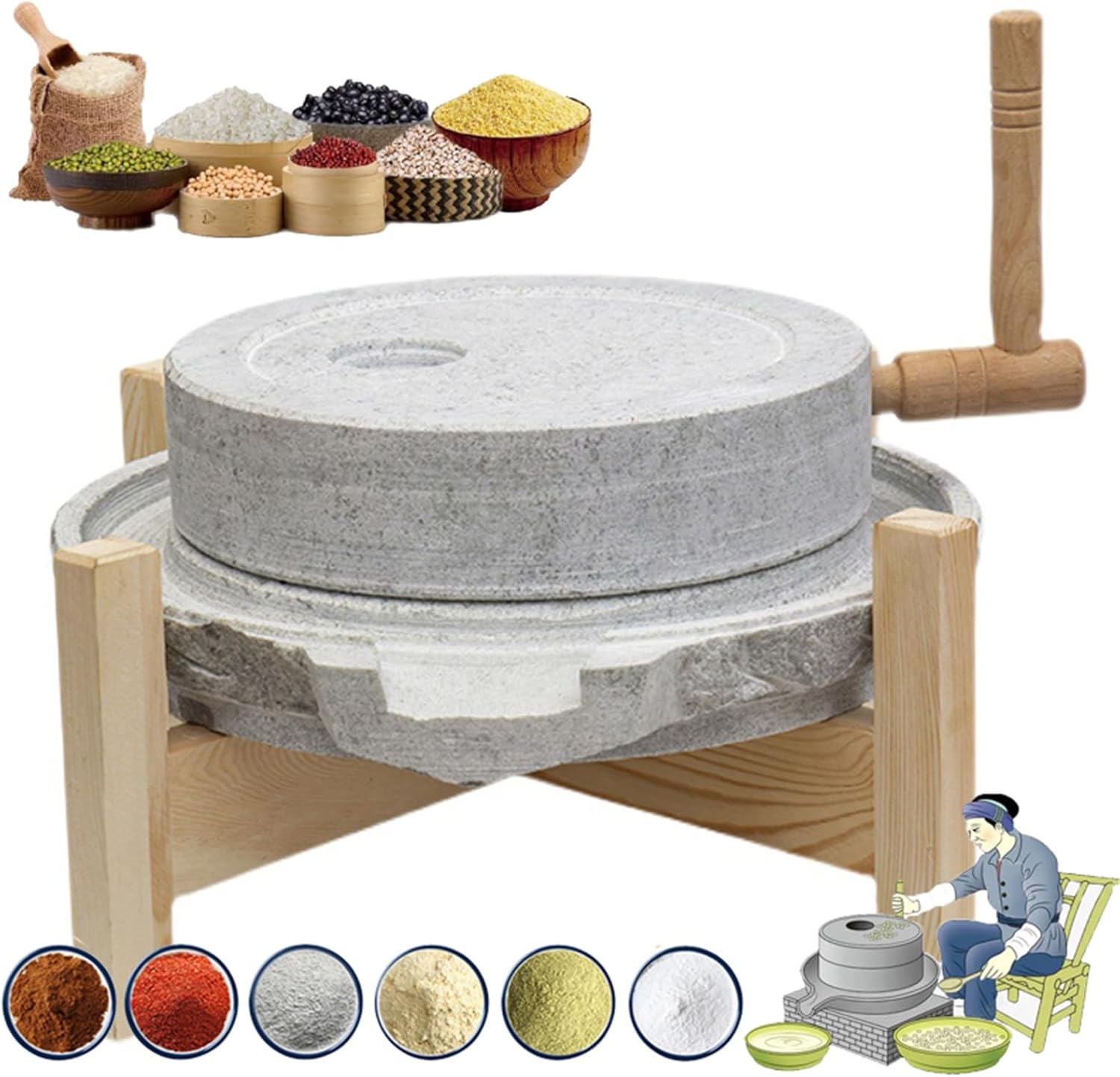 Handmade Stone Mill Grinder for Home Kitchen - Wet & Dry Cereal Mill for Grains, Beans, Sesame, Peppers, SES - Easy to Clean with Wooden e, 25x35cm