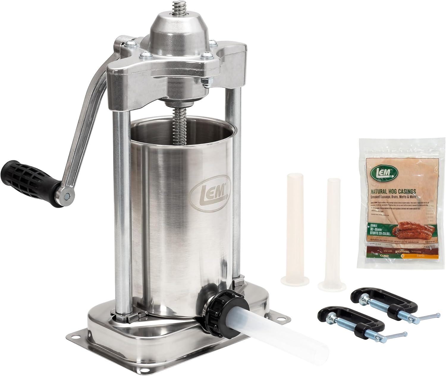 LEM Products MightyBite Vertical Stainless Steel 5 Pound Capacity Sausage Stuffer with Plastic Stuffing Tubes and Natural Hog Casings (32-35mm)
