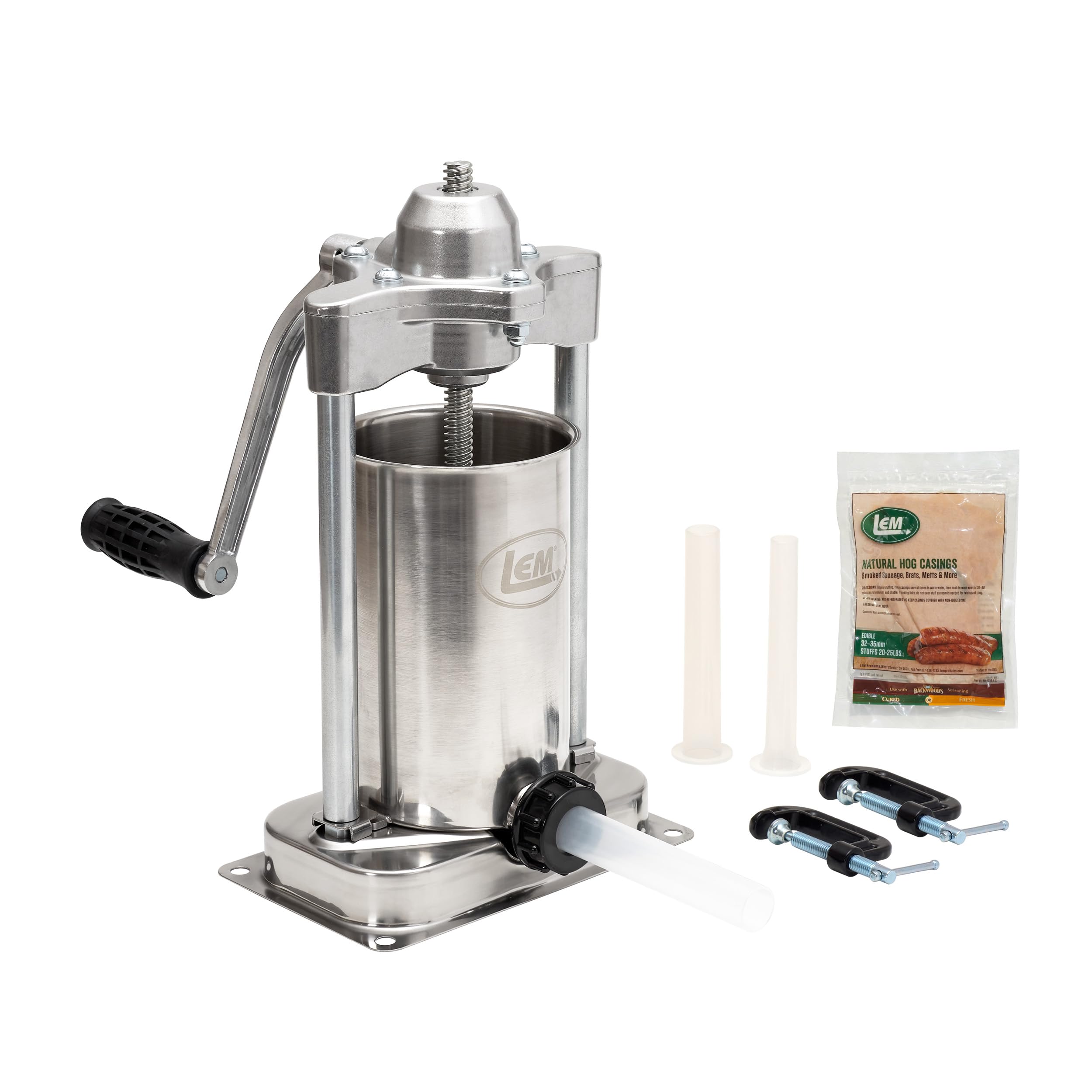 LEM Products MightyBite Vertical Stainless Steel 5 Pound Capacity Sausage Stuffer with Plastic Stuffing Tubes and Natural Hog Casings (32-35mm)