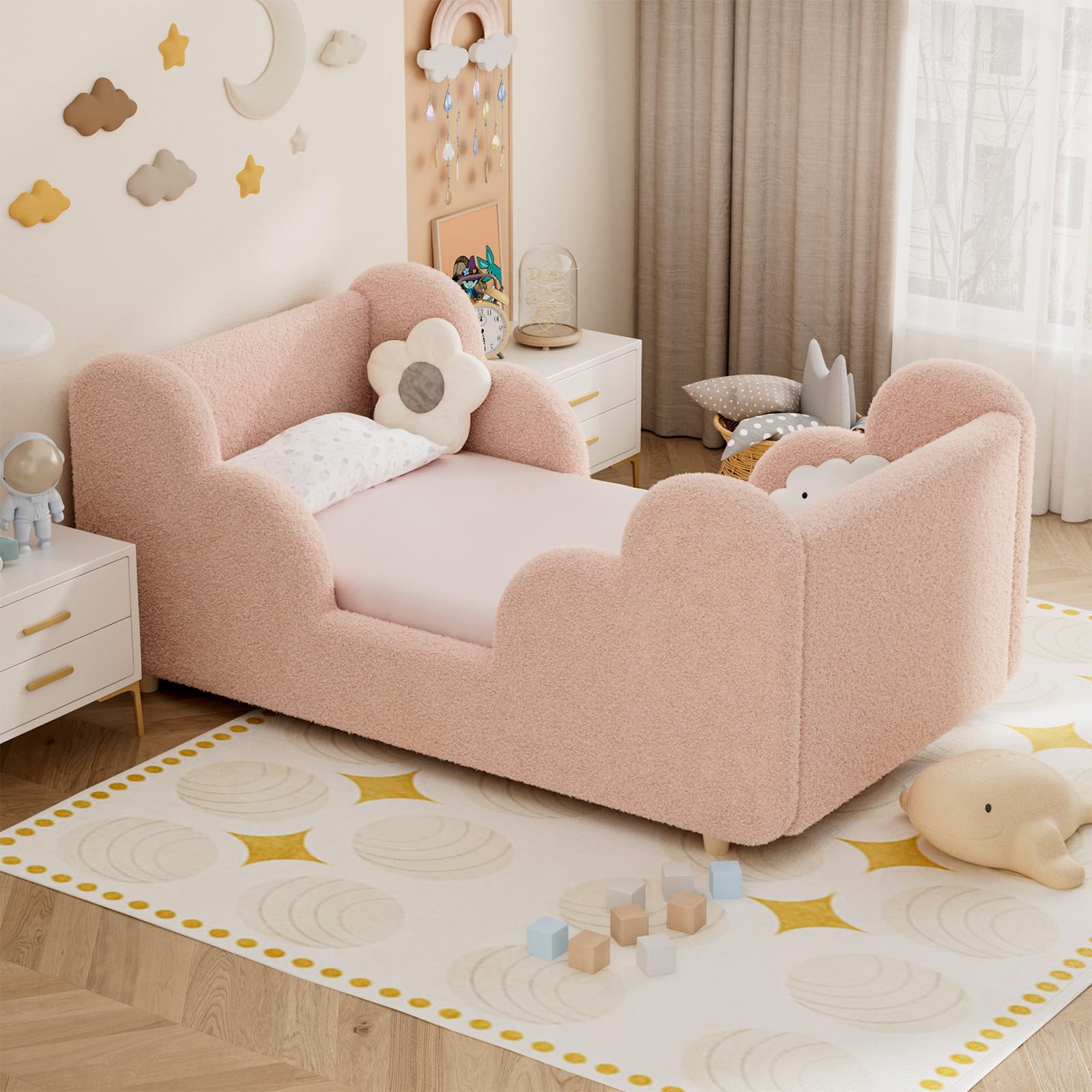 DoCred Upholstered Toddler Bed in Pink with Cloud Guardrails