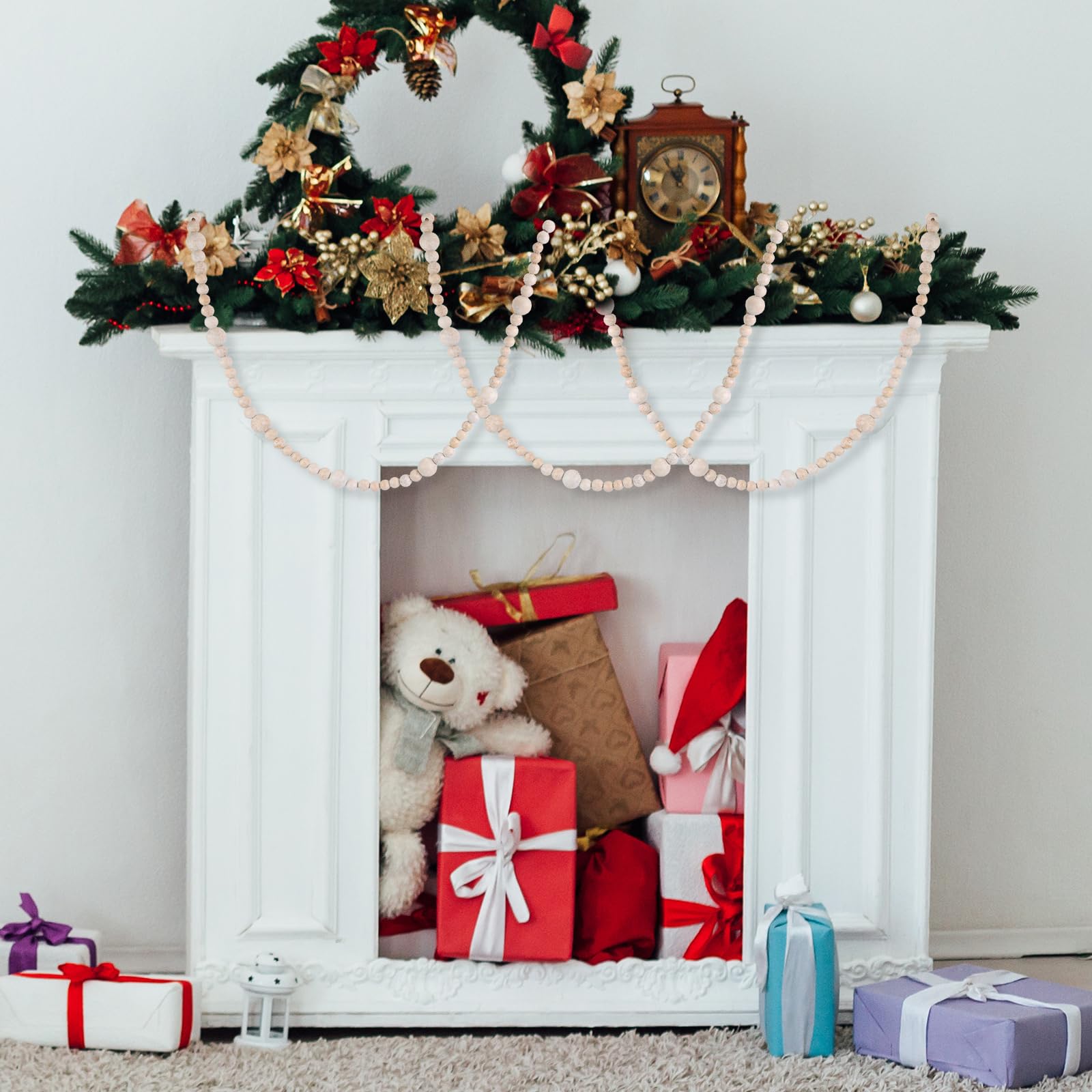 Weihnachts-Holzperlen-Girlande – Bauernhaus-Dekoration für Baum, Kaminsims, Treppe, extra lang, rustikal, Boho, elegante Weihnachtsdekoration (Vintage-Holzperlen)