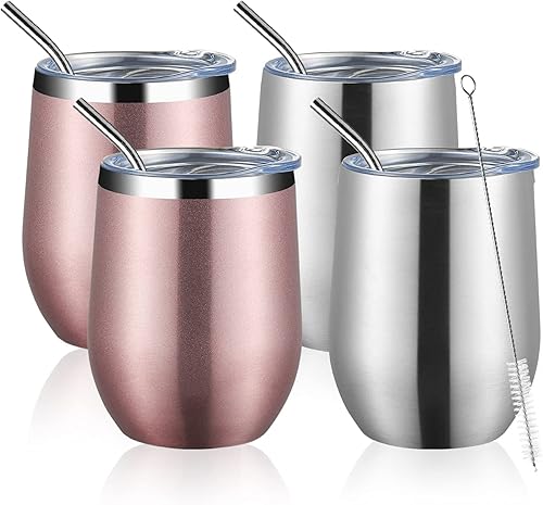 Paquete de 6 vasos de vino de acero inoxidable con tapa, doble pared aislada al vacío, juego de vasos de viaje para vino, café, champán (negro,