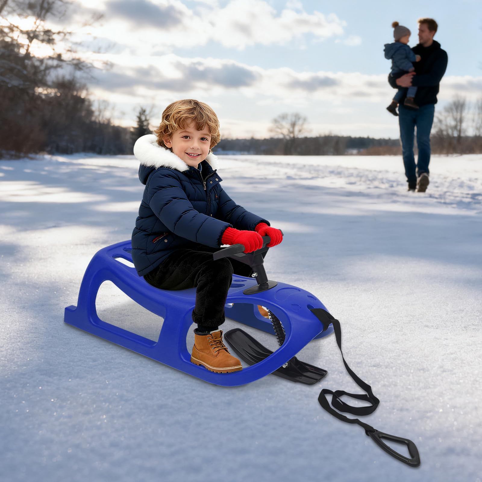 Snow Sled for Kids, 220 Lbs Load Single Rider Winter Sleigh with Steering Wheel & Pull Rope, -4° F Tolerance, Saddle Ski Cart for Snowy Hills, Winter Parks, Backyards, 35.4''lx18.3'' Wx10.6'' H(Blue)