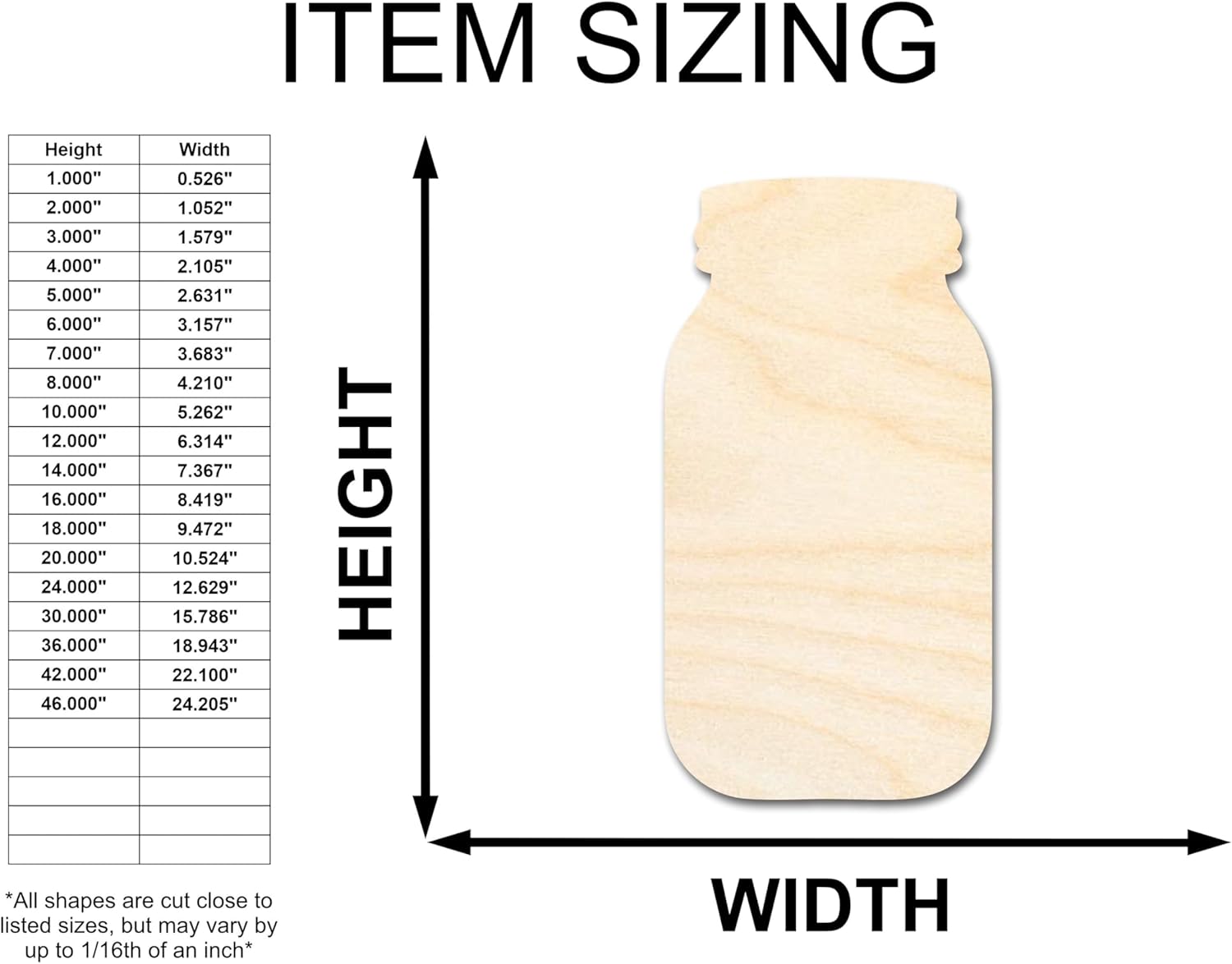 Unfinished Wood Mason Jar Shape Rustic Country Craft up to 46" DIY 20" / 1/4"