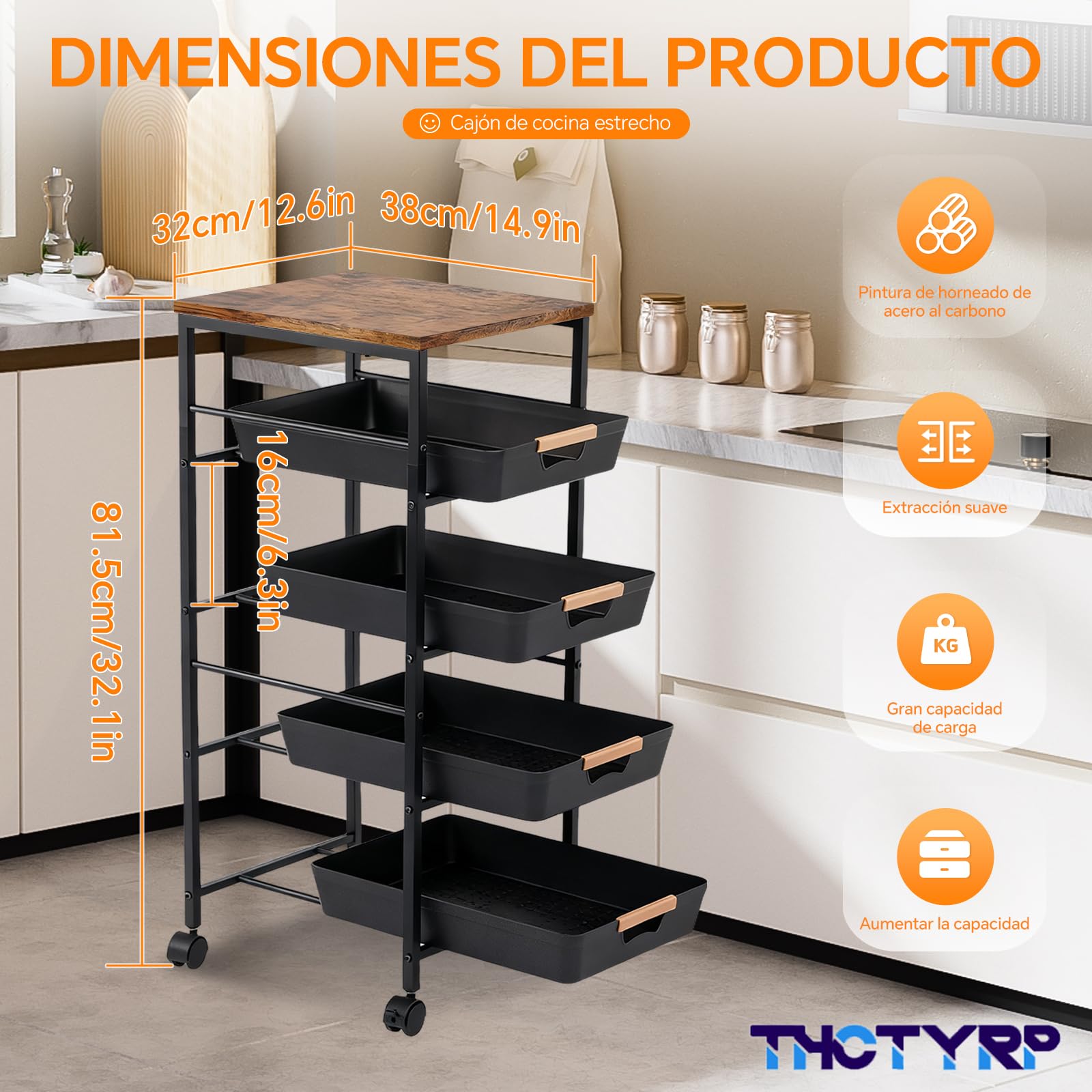 Carrito de 5 Niveles y 4 cajones, con Tabla de Madera y cestas ventiladas. Ruedas 360° con 2 Frenos. Ideal para Guardar Frutas, Verduras, microondas en Cocina o salón 32x38x81.5 cm