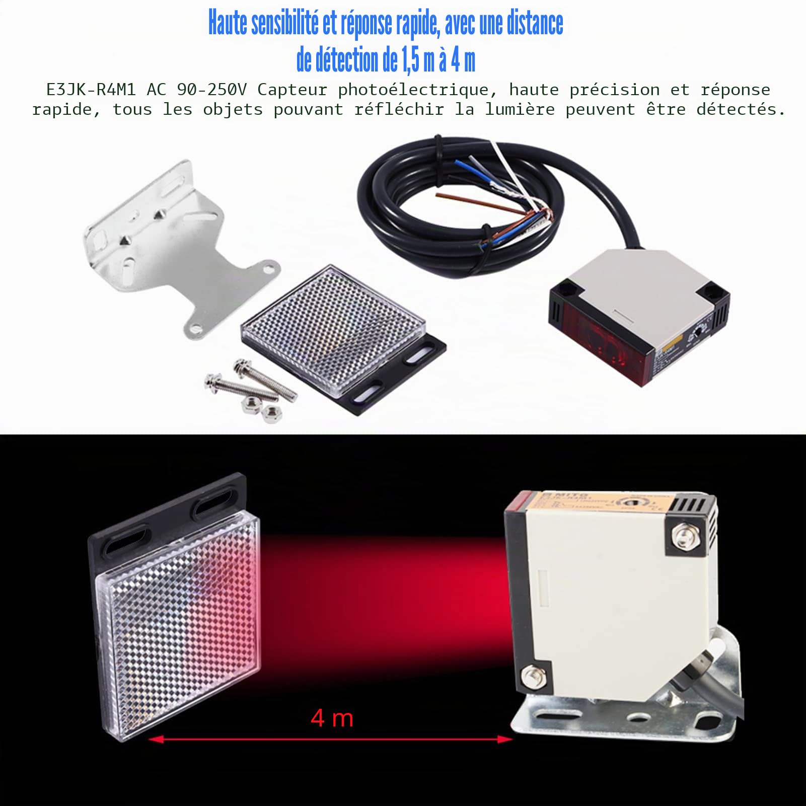 AC 90-250VAC 3A Capteur de Commutateur Photoélectrique, E3JK-R4M1 - Commutateur de Proximité Réfléchissant avec Réflecteur Mural pour une Détection Précise jusqu'à 4 mètres