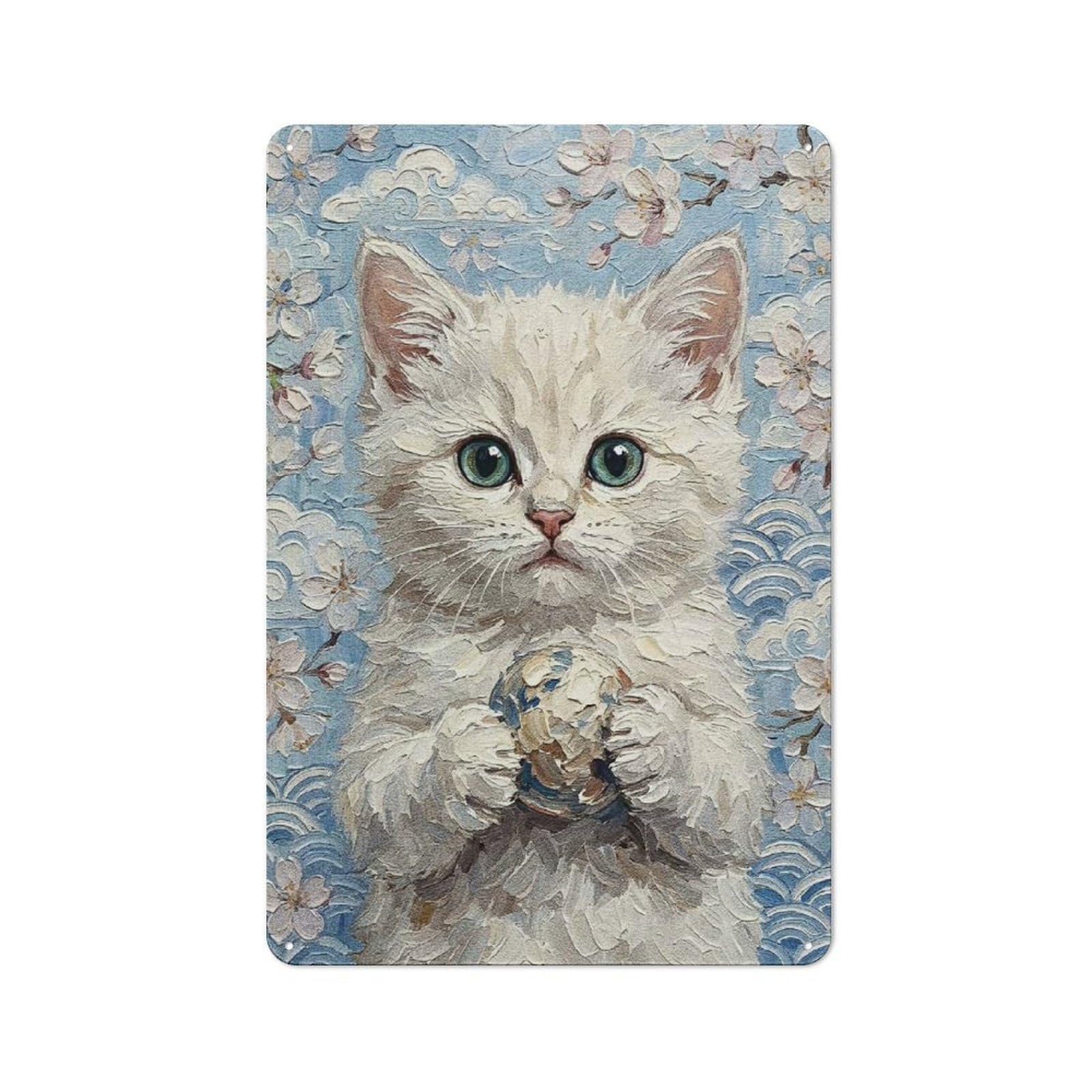 Junmoney Style-8 Tin Wall Plaque 30X20cm With White Kitten With Ball Painting For Bar Or Restaurant, For Hospitality Decor Collectors