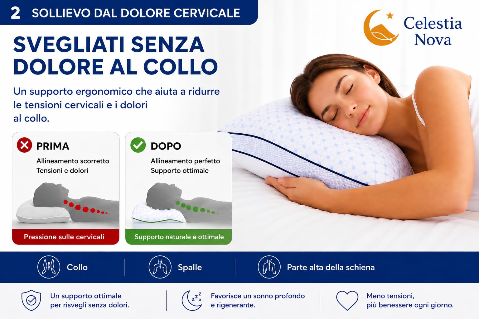 Celestia Nova Cuscino Cervicale Memory Foam 60x50 cm, Cuscino Ergonomico Regolabile per Collo e Cervicale, Doppia Faccia Rinfrescante, Federa Lavabile, Altezza Regolabile