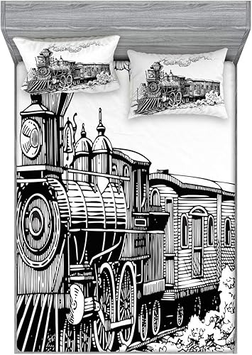 Miniatura 338 de Ambesonne Juego de sábanas bajeras y fundas de almohada occidentales, sombrero de vaquero con temática del salvaje oeste y cuerda de ganadería vieja