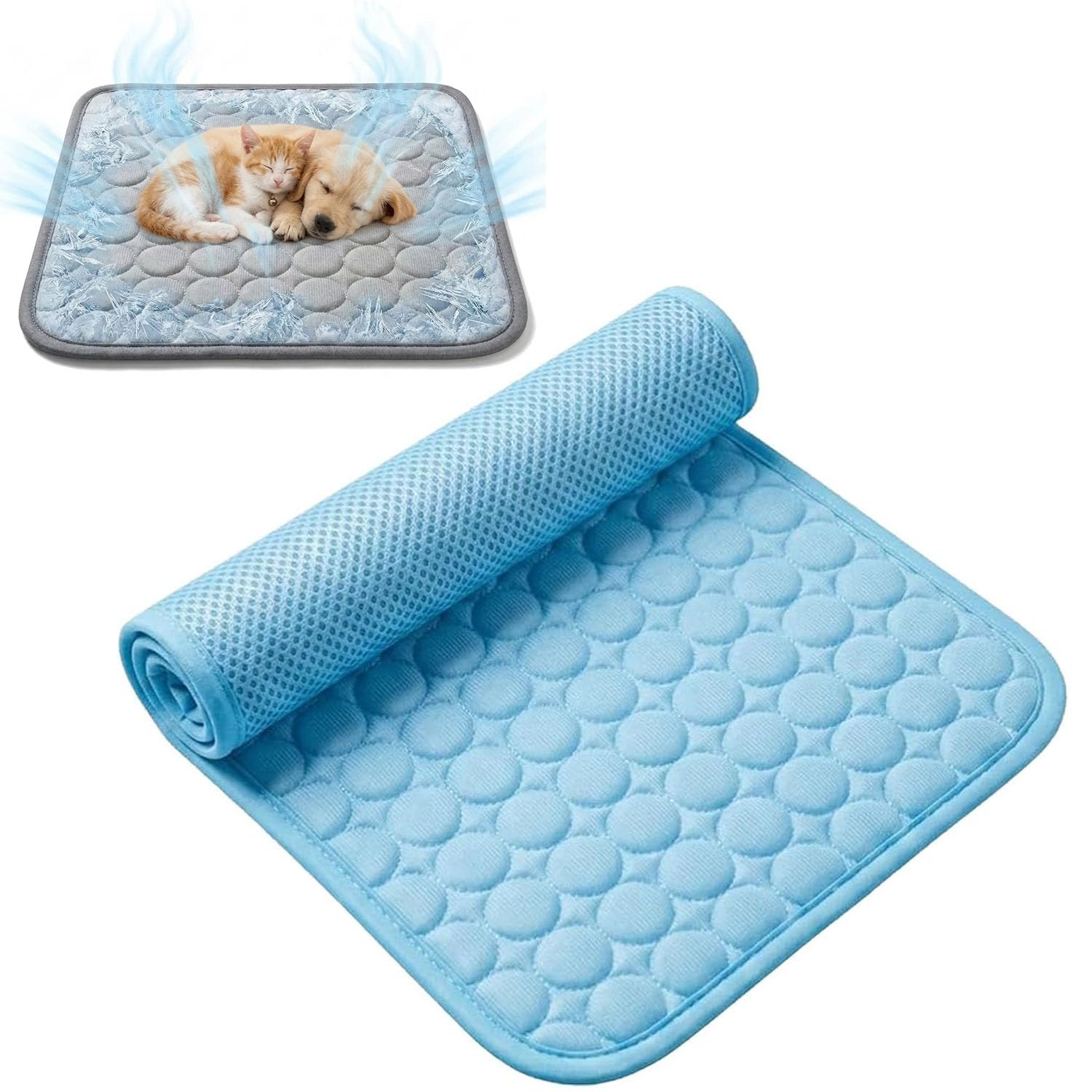 Cat Cooling Mat for Summer, Ice Silk Self Cooling Mat for Dogs & Cats Portable & Washable Ice Silk Cooling Mat (Blue,L)