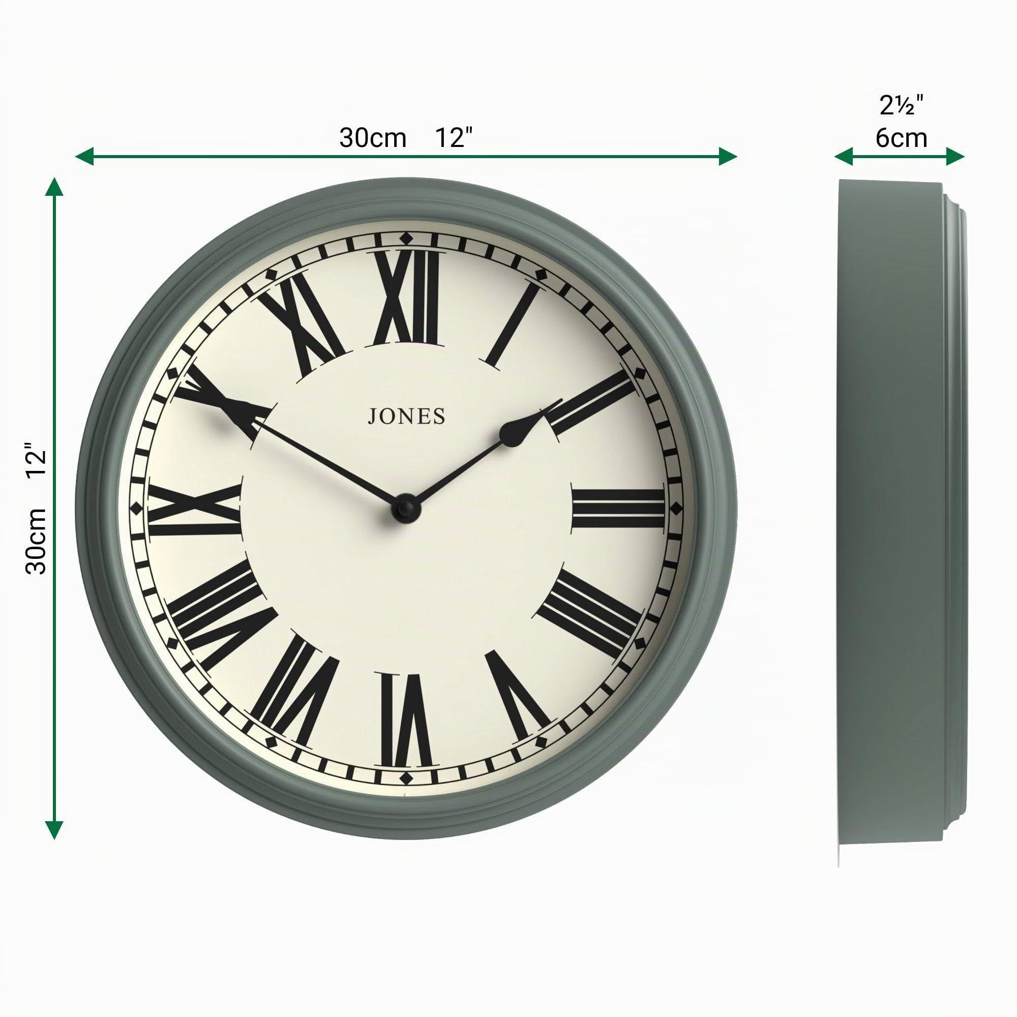 JONES CLOCKS® Hackney Reloj de Pared | Reloj clásico de números Romanos | 30cm | Verde | Un día de Noche Tradicional cocinas, pasillos o Espacios de Estar con Personalidad.