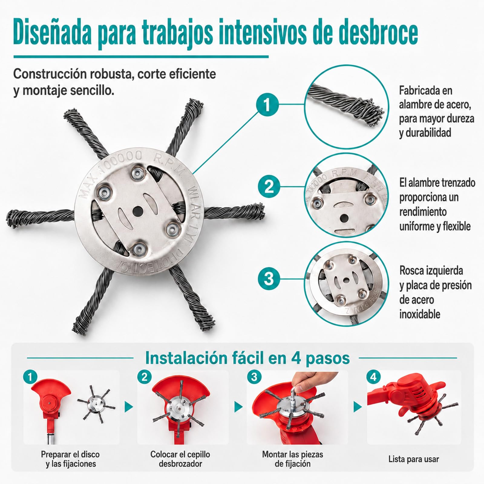 Vultriox para Desbrozadora Cabezal de Alambre de Acero 150 mm, Cepillo Quitahierbas para Desbrozadora y Cortabordes, Césped, Musgo, Maleza, Bordes y Juntas (1, 6 Brazos)