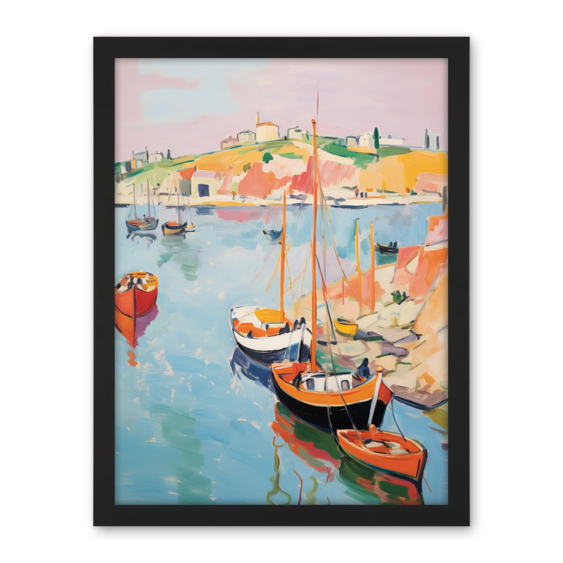 Artery8 Boats in Harbour Fishing Village Coastal Landscape Colourful Abstract Watercolour Painting Artwork Framed Wall Art Print 18X24 Inch