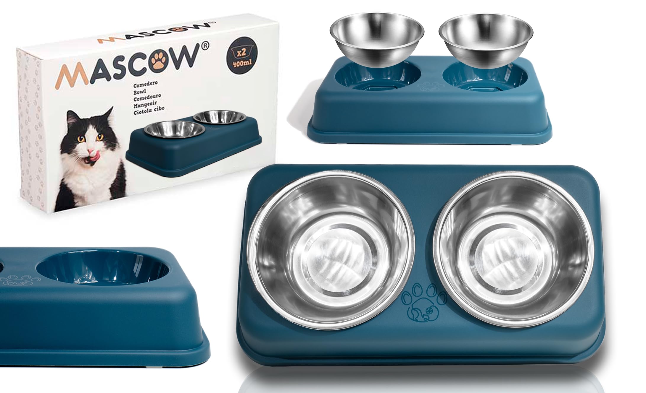 Comedero Doble para Gatos y Cachorros de Acero Inoxidable, comedero para Mascotas, comedero para Perros pequeños, Gatos y Cachorros Bebedero para Gatos con Recipientes extraíbles Azul