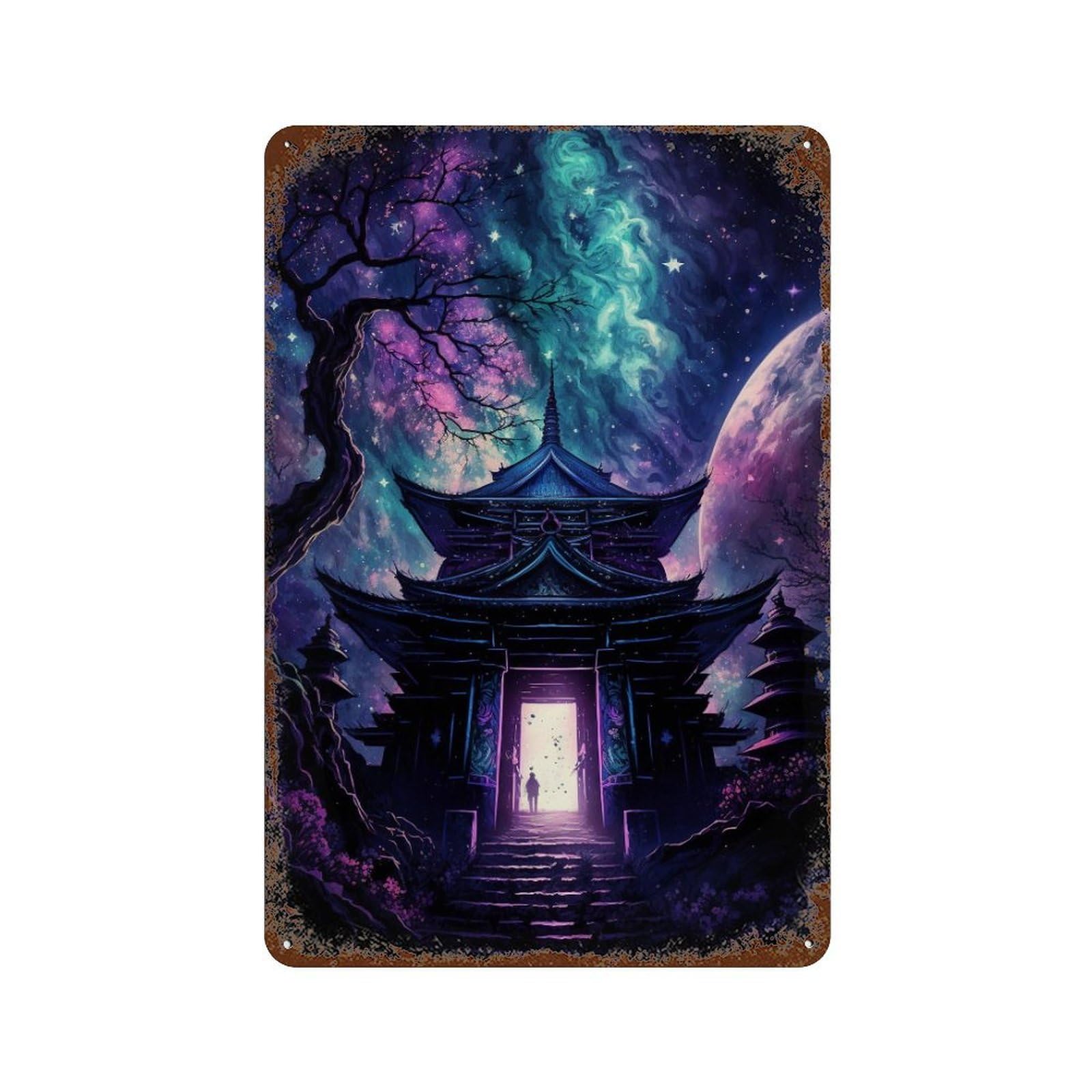 Fantasy Asian Temple Portal Rust Effect Tin Sign 11.8"x7.9", Vintage Wall Decor for Garage, Pub Or Kitchen
