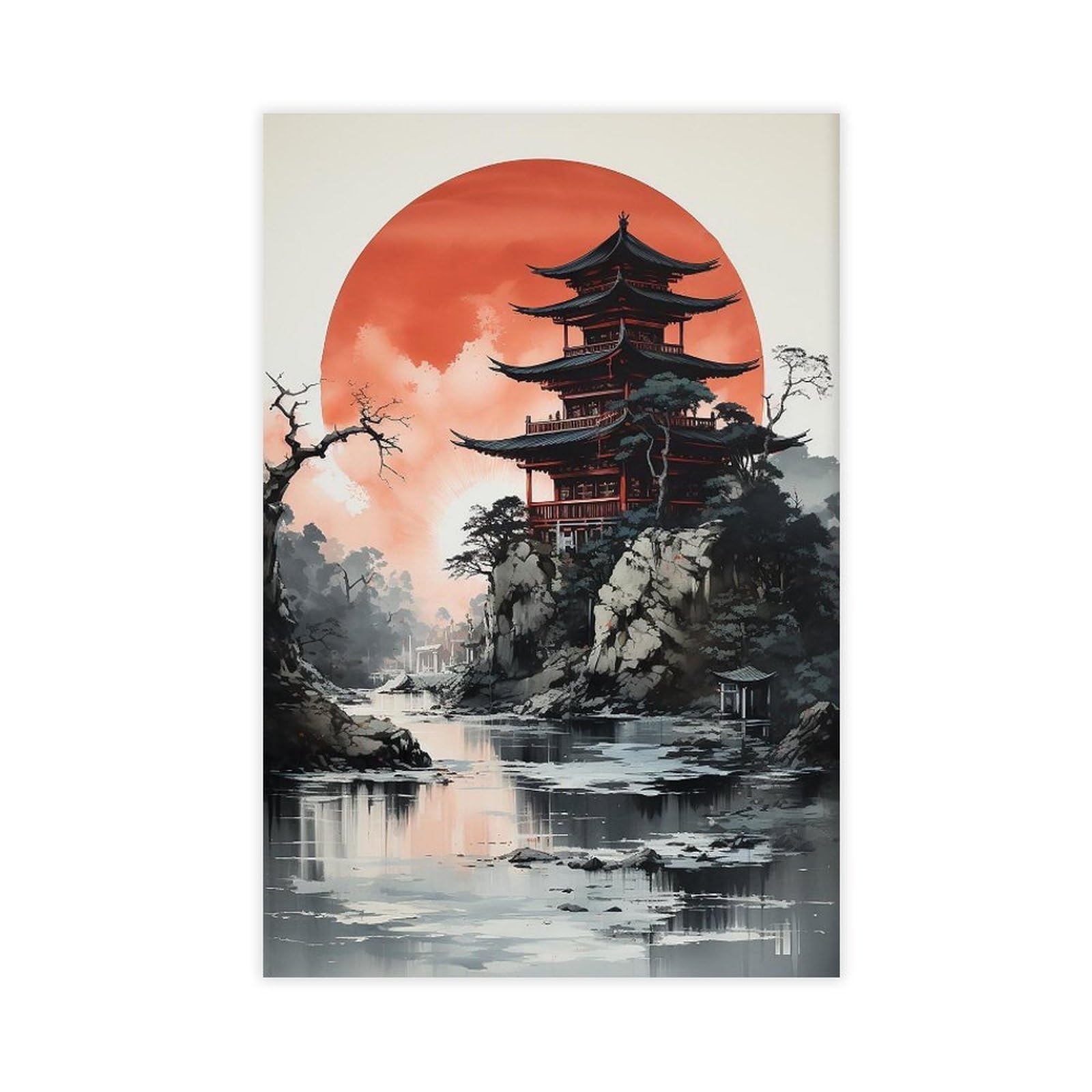 Utgn Japanese Landscape With Pagoda Canvas Poster Wall Art Print Picture Paintings 12X18inch(30X45cm)
