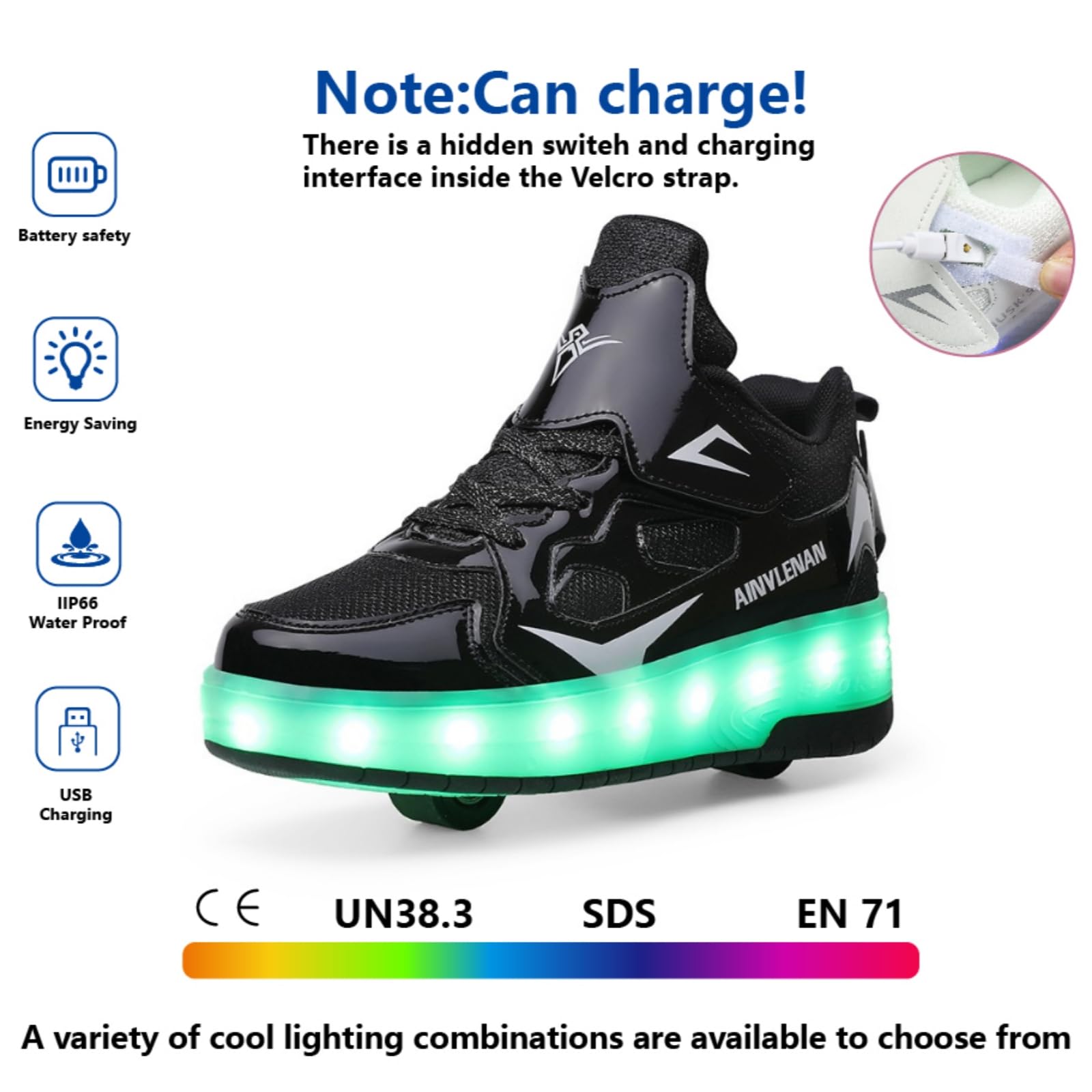 Zapatillas para niños, Zapatillas de Skateboard con Dos Ruedas, luz Ajustable con Cambio de Color, Carga USB, universales para Chicos y Chicas, Negro, Rosa, Oro, Plata, Blanco 27–40 EU.