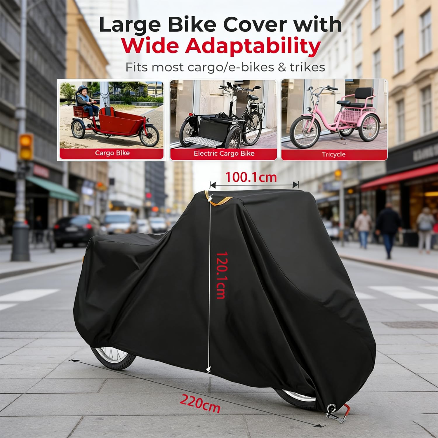 Funda para Bicicleta de Exterior 420D Oxford Impermeable, Cubierta para Triciclo y Bicicleta de Carga (220x100x110 cm) con Protección UV, a Prueba de Viento y Polvo