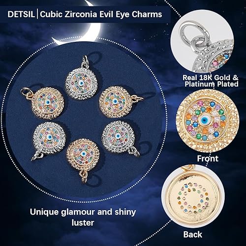 Miniatura 39 de Beebeecraft 5Pcs/Box Evil Eye Charms 18K Gold Plated Brass Flat Round with Blue Cubic Zirconia Turkish Evil Eye Pendants Jewelry Making Findings for