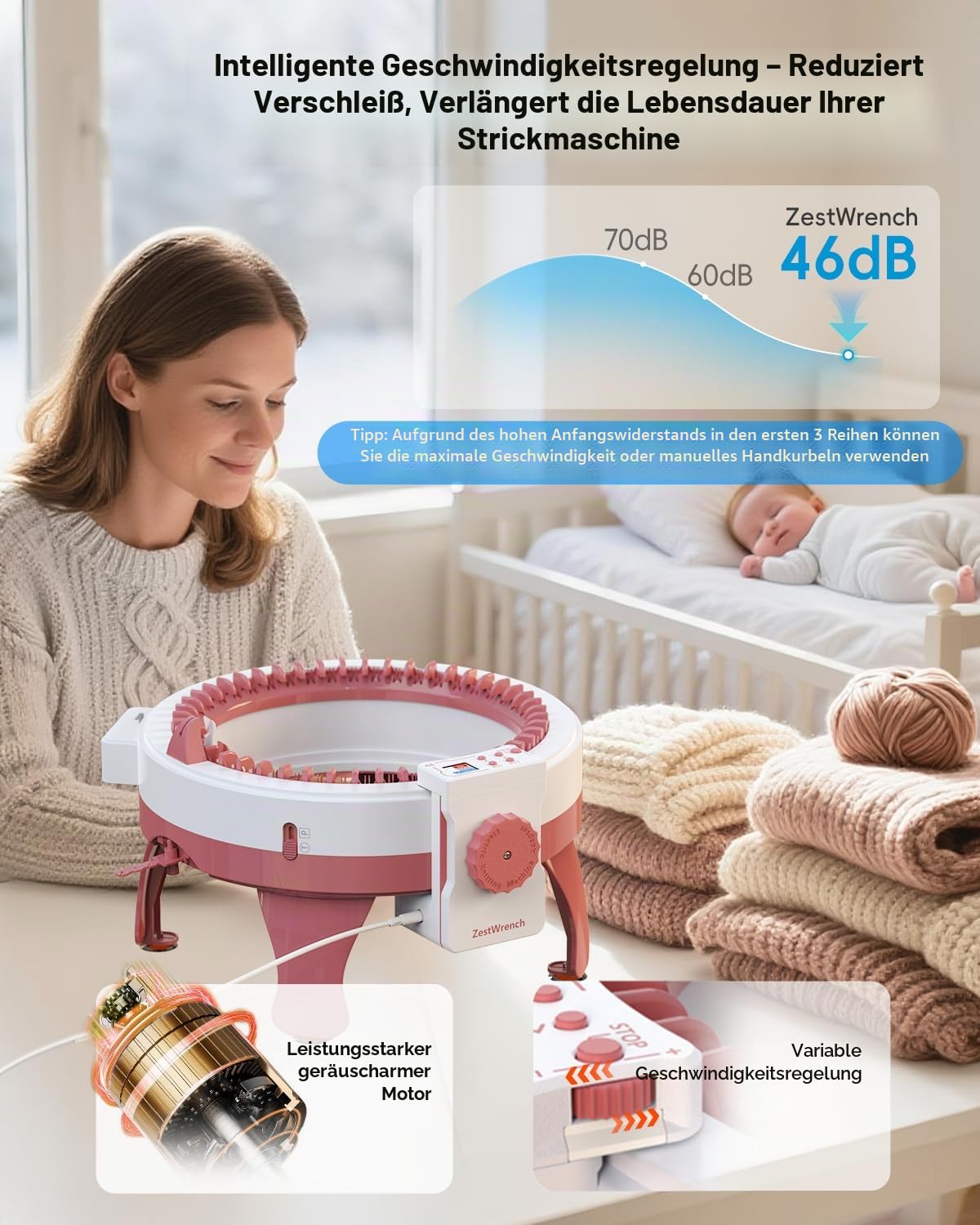 [2025 Upgrade] ZestWrench Elektrische Strickmaschine Adapter für Sentro Strickmaschine 48 Nadeln, Automatisches Strickmaschinenzubehör mit LCD-Panel & Reihenzähler, Flach-/Rundstrickmodi