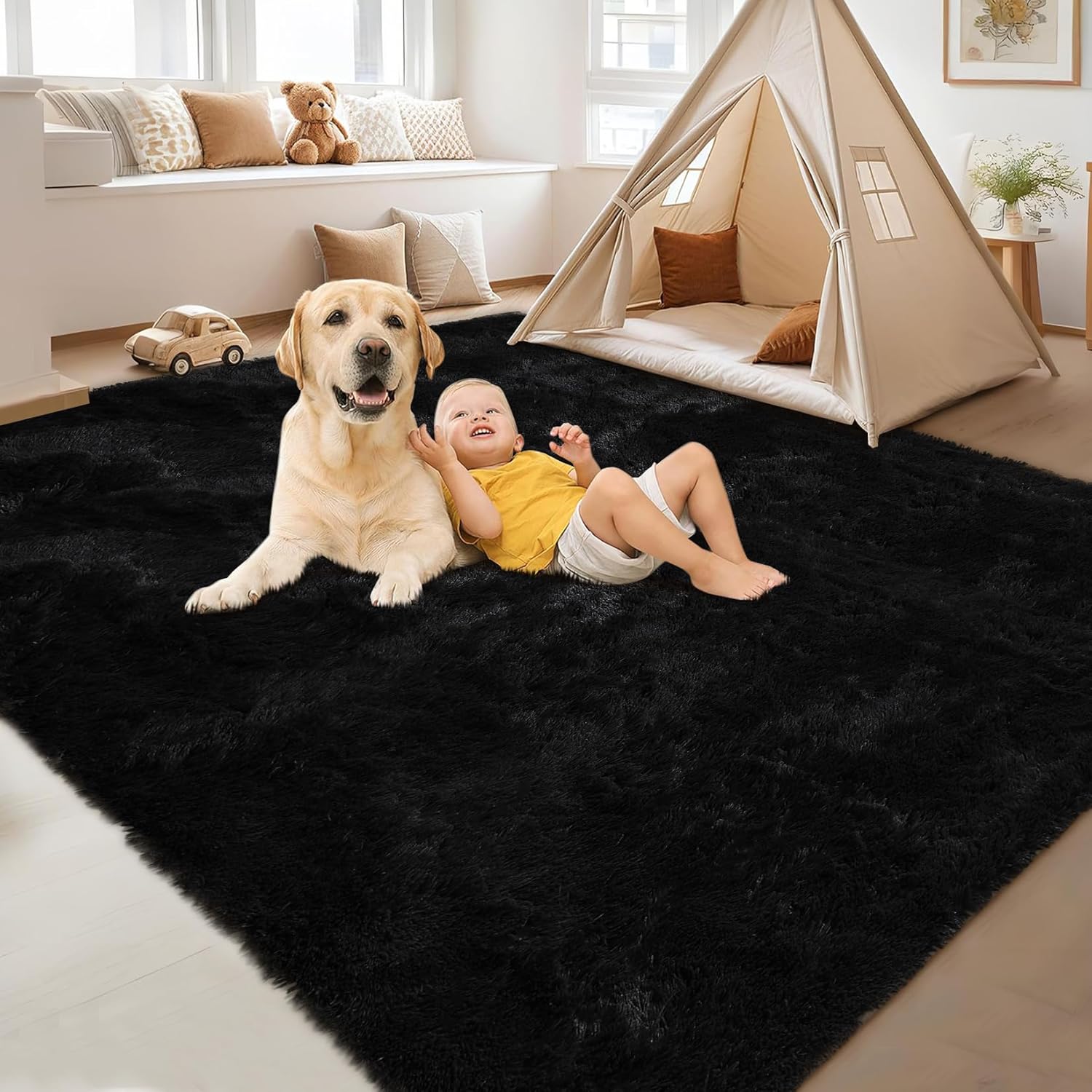 GAOMON 9x12 Fluffy Area Rugs, Bedroom Furry Rug for Living Room, Fuzzy Shag Fur Rug for Nursery Room Tie-Dyed Non-Skid Plush for Indoor Home Floor Carpet, Black