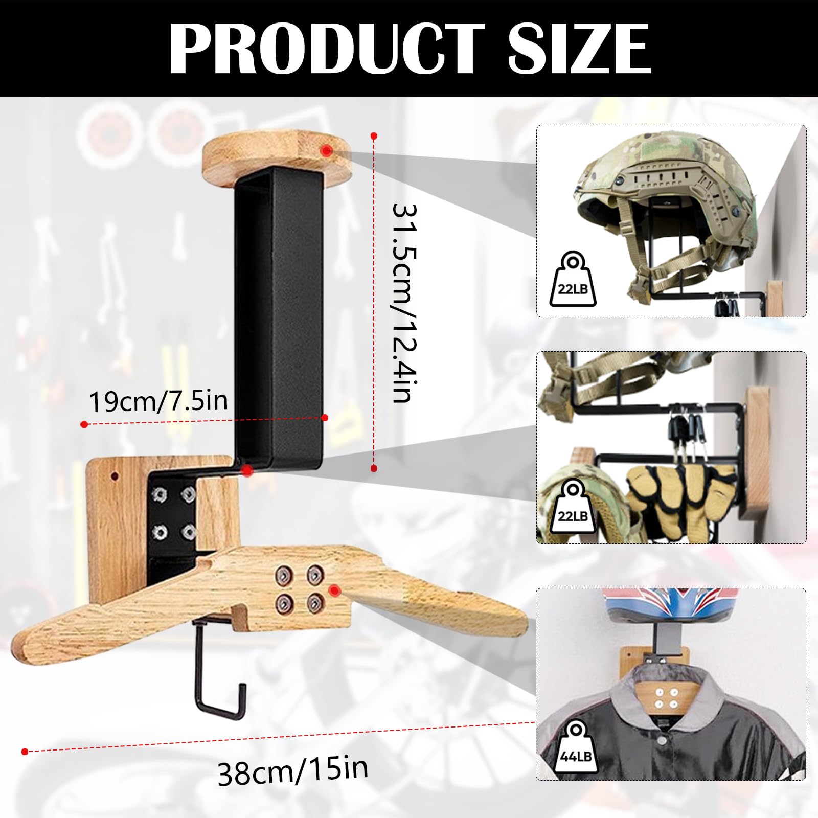 Support Casque Moto, Porte Casque Moto Mural pour Accrocher Le Casque et la Veste de Moto au Mur Porte Manteau Moto Porte-Casque Mural en Bois Organisateur Mural Polyvalent pour Moto