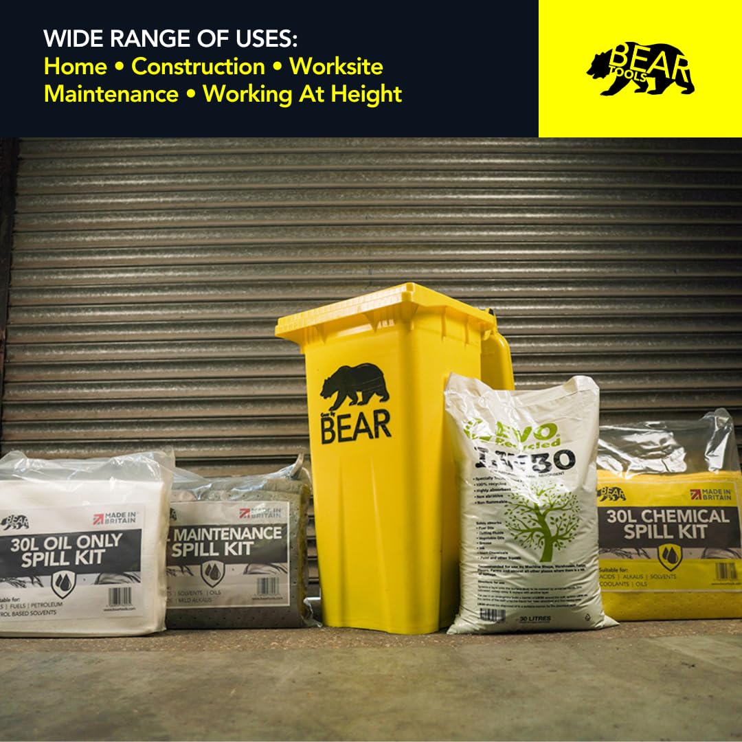 BearTOOLS Kit de control de derrames ecológico de 30 litros, respetuoso con el medio ambiente, 85 % fibras naturales recicladas, reduce la huella de carbono, solución absorbente sostenible, aceites,