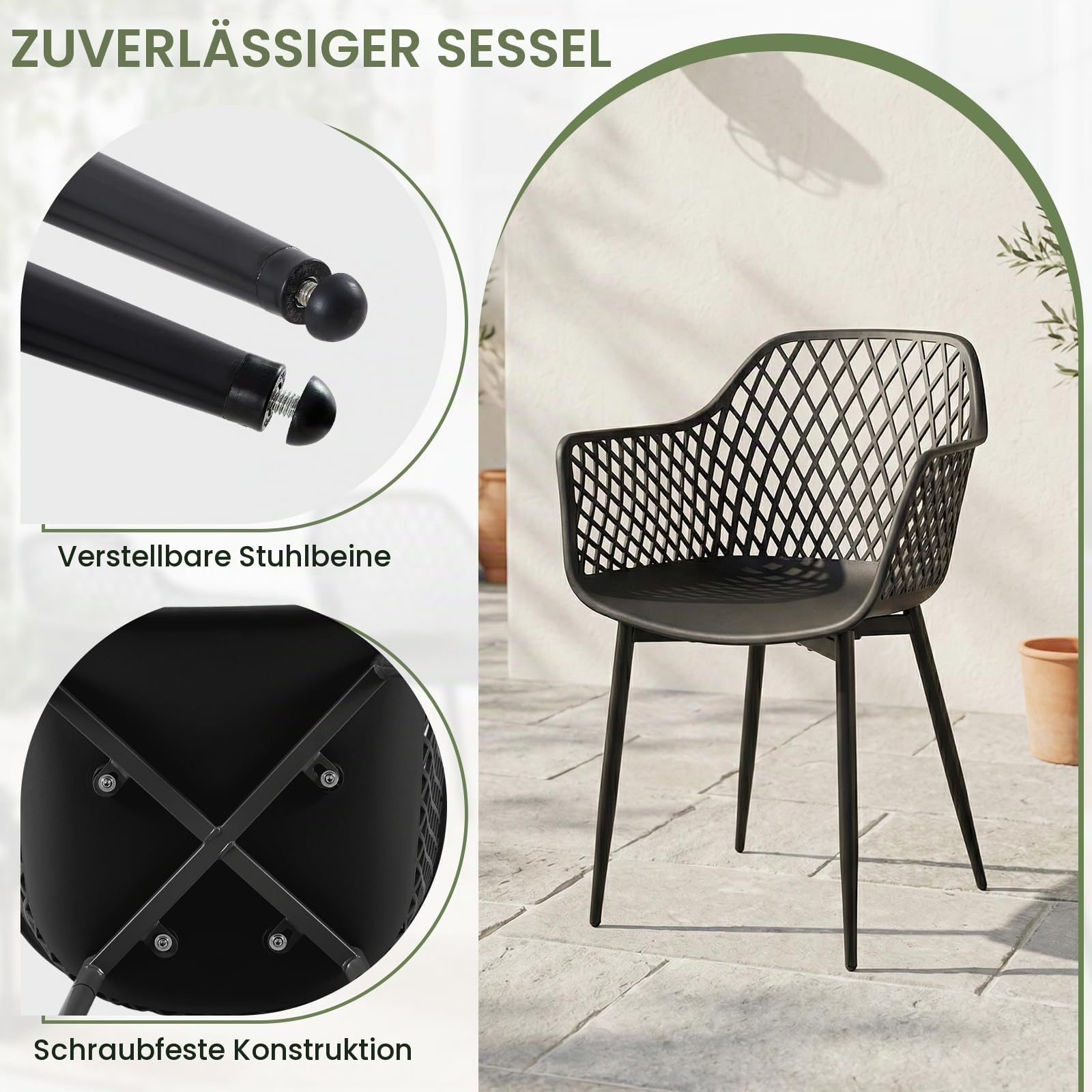 Runder Esstisch mit 4 Stühlen Set, Balkonmöbel Set für Kleinen Balkon, Balkontisch Klein für Garten, Terrasse, Balkon, Schwarzer Tisch (Ø 80 cm) + 4 Schwarze Sessel
