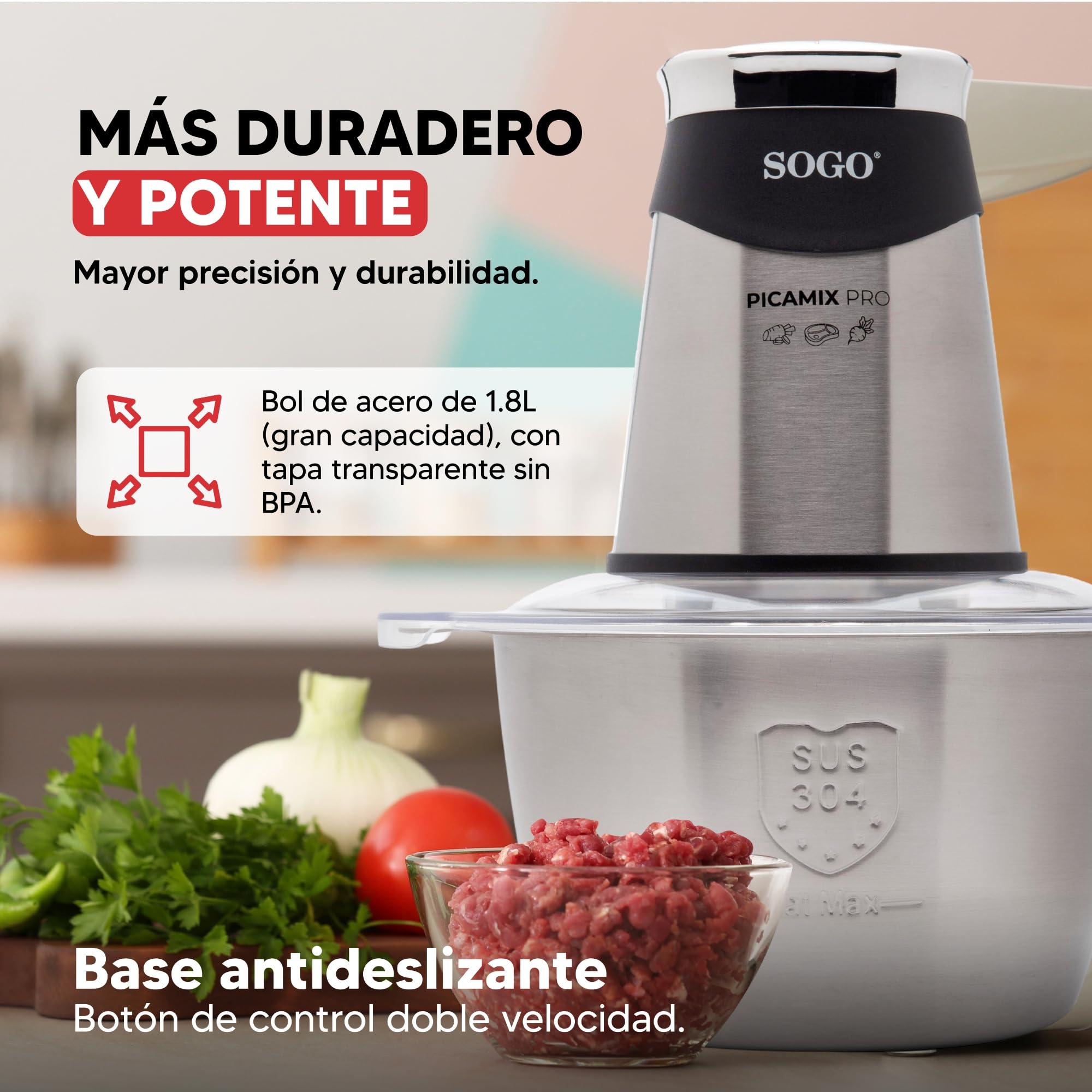 Sogo Picadora Eléctrica con Función de Doble Velocidad - Picadora de Carne, Verduras, Frutas, Frutos Secos - Procesador de Alimentos con 4 Cuchillas Afiladas y Eficientes - Trituradora de Alimentos