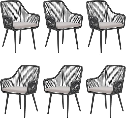 JOIVI Juego de 6 sillas de comedor al aire libre, 6 sillas de patio de cuerda tejida con reposabrazos y cojines de asiento para porche exterior,