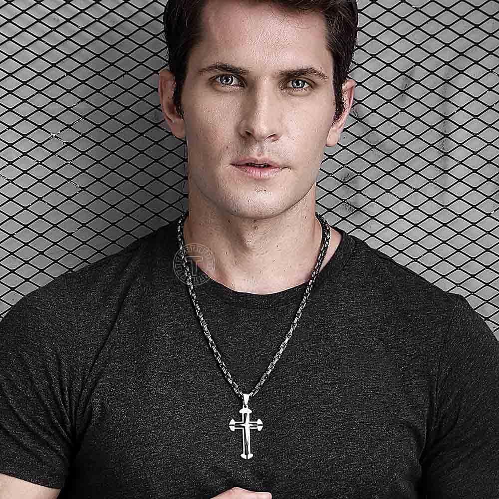 Trendsmax Mens Cross Pendant Necklace Stainless Steel Gold Silver Byzantine Chain 22-30inch - Image 5