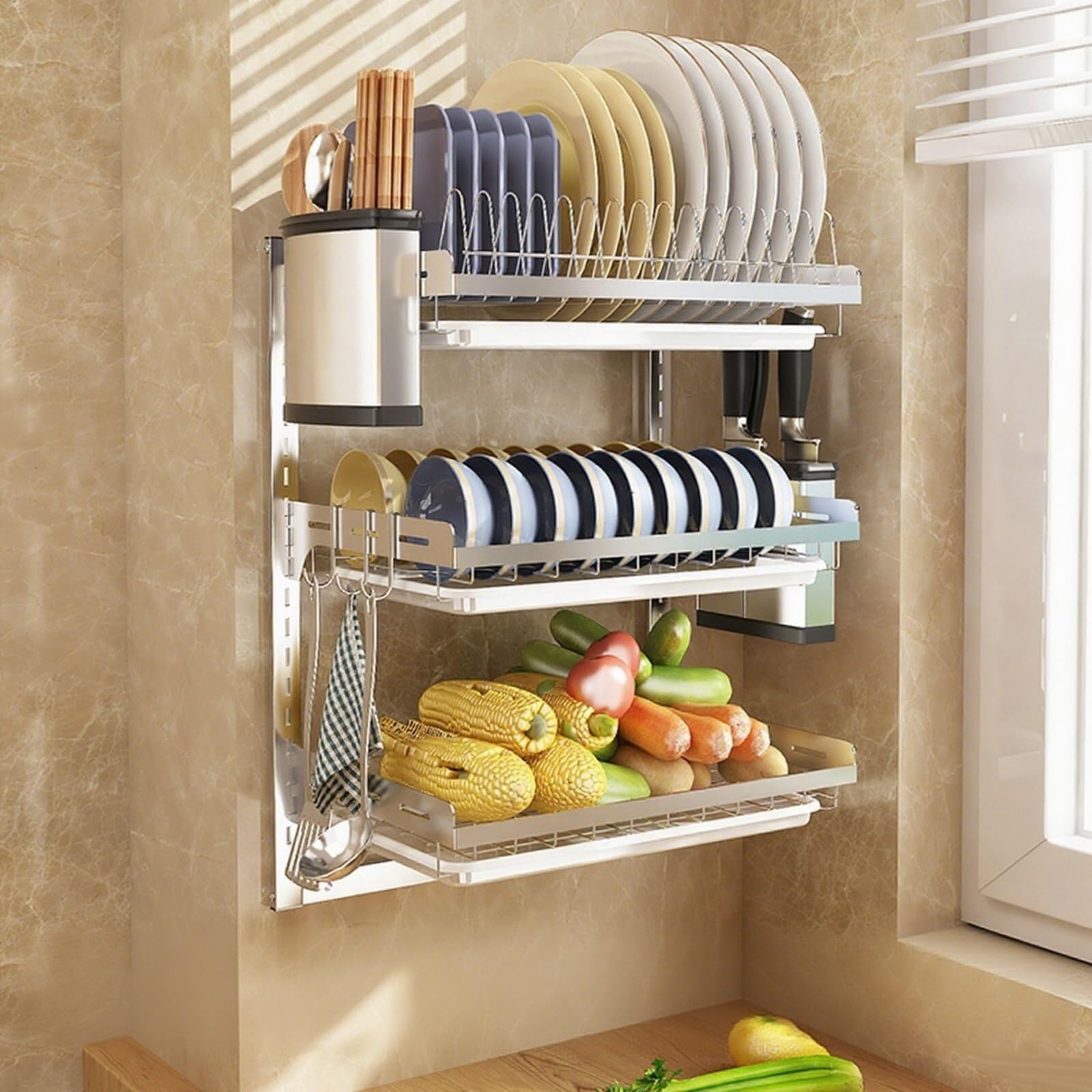 HANELREEZD draining Wall-Mounted 2/3tier Dish Drying Rack, Extra Large Multifunctional Large Dish Drainers for Kitchen Counte dish rack(Size9)