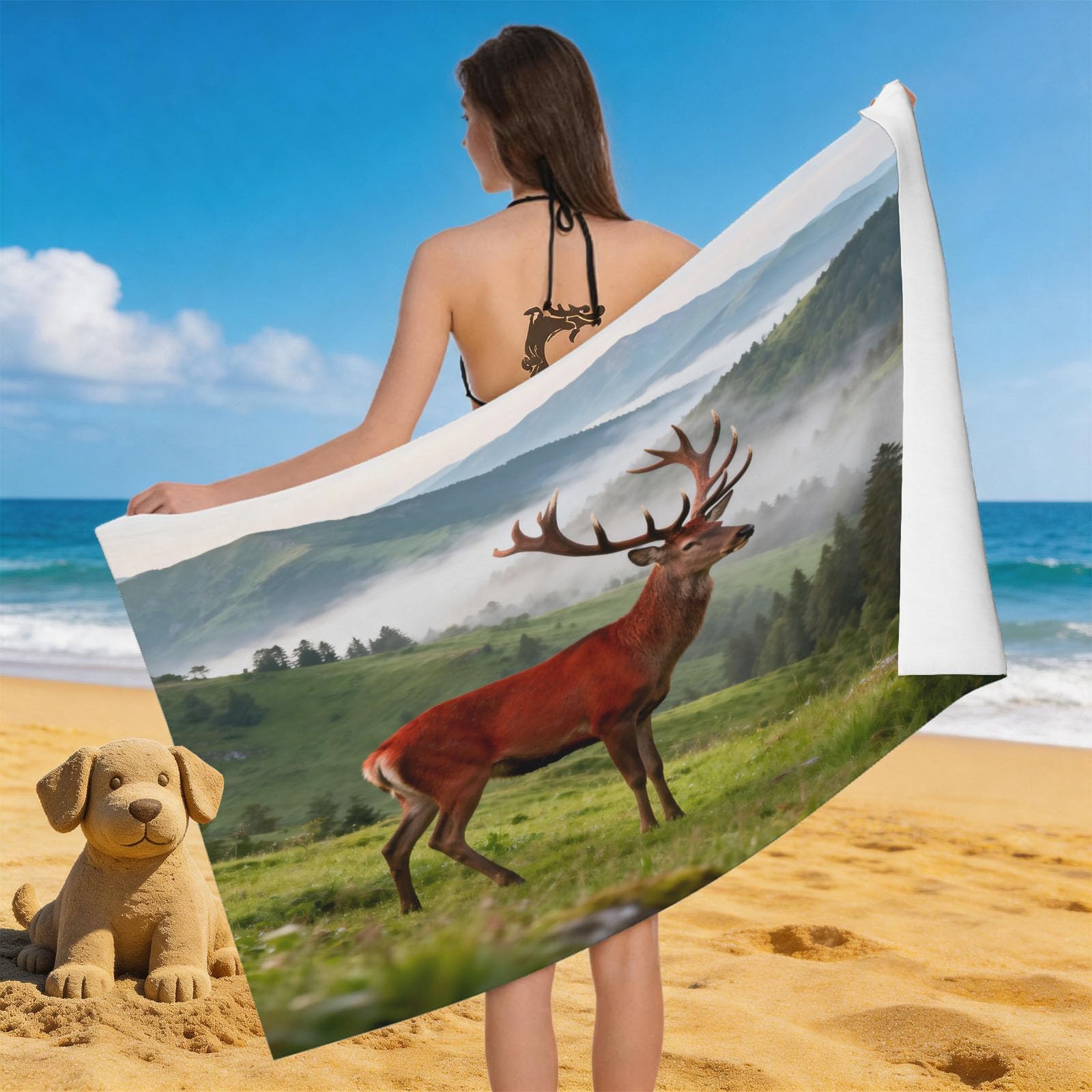 Leichong 3D Deer Beach Towel Microfiber Soft Quick Dry for Adults, Forest Landscape Bath Towel Lightweight Soft Absorbent for Travel Swimming Pool Sports, 75 x 150 cm