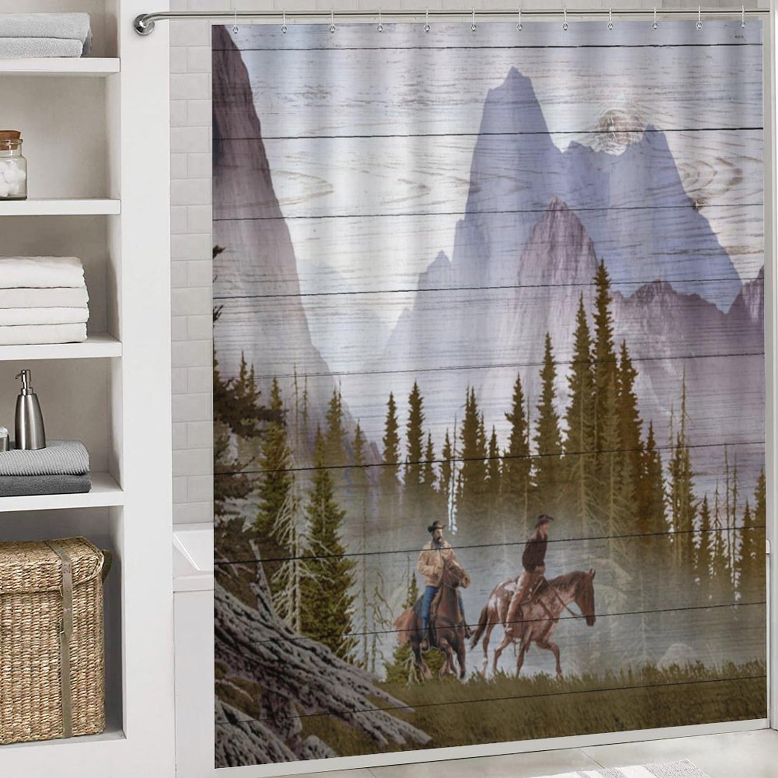 West Country Cowboy - Juego de 4 cortinas de ducha impermeables con cubierta de inodoro impermeable, alfombra de ducha, 183 x 183 cm